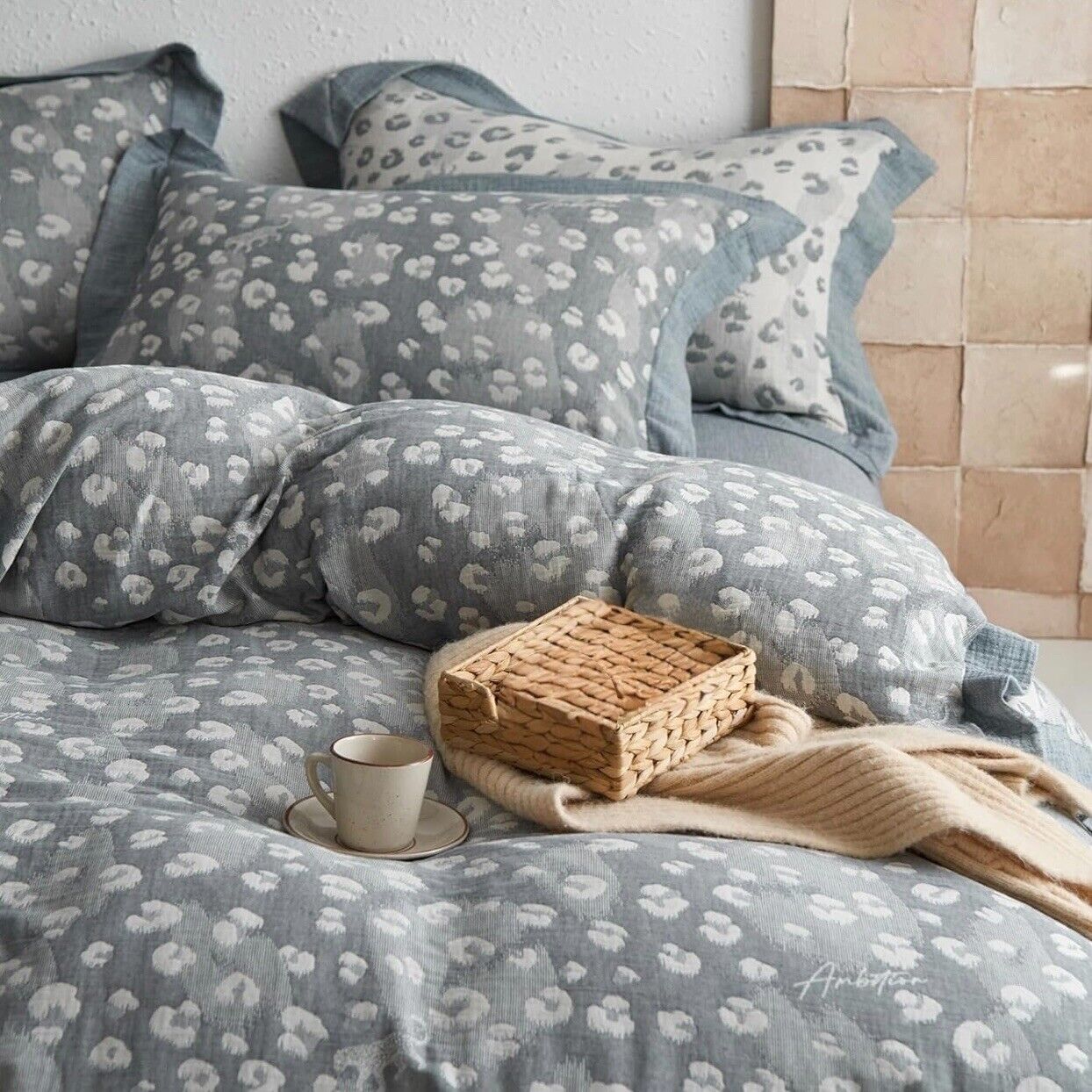 NEW Anthropologie Blue Grey Spotted Boho King Size Bedding Duvet Sham Case Set