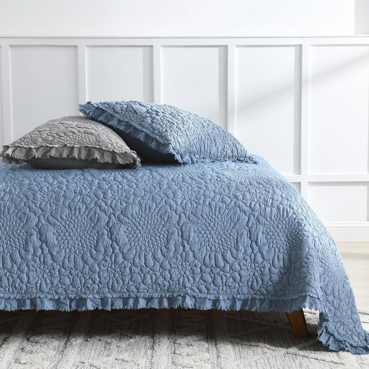 NEW Anthro Dusty Blue Boho Ruffle Crinkle Queen / King Bedding Quilt & Sham Set