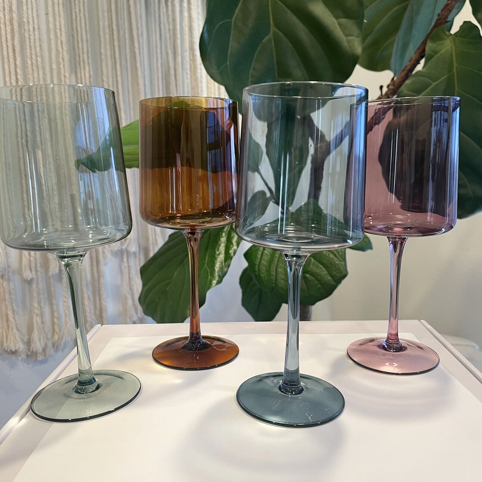 New Anthropologie Multicolor Color Glass Stemmed Wine Glass Barware - Set of 4