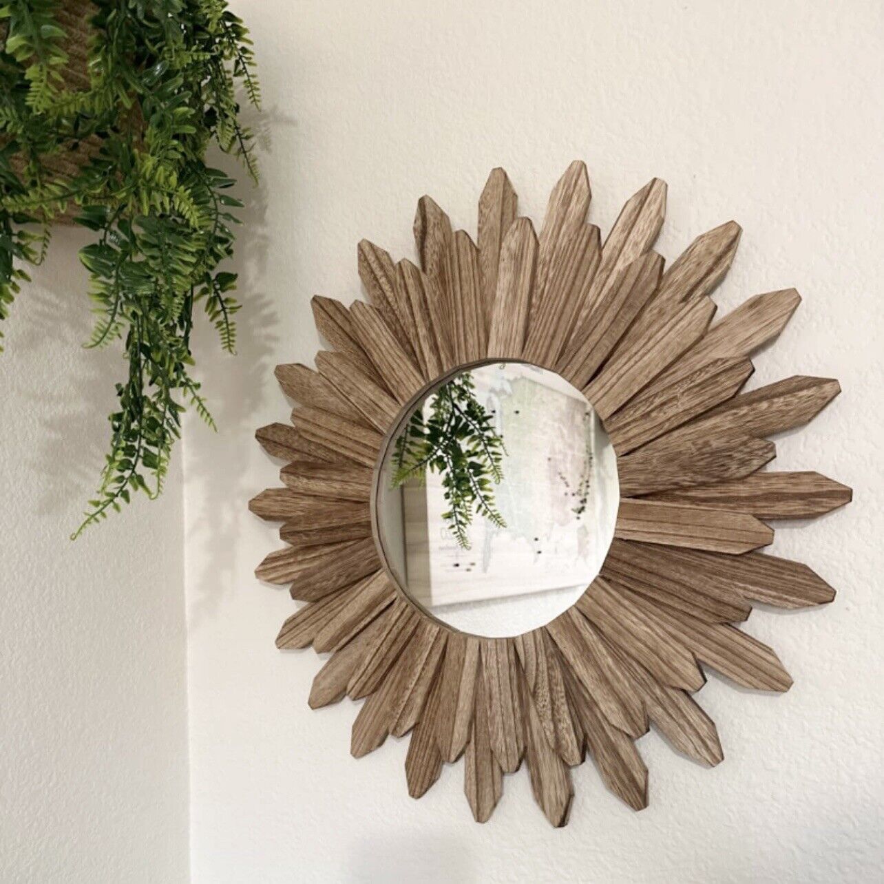 NEW Anthropologie Round Mirror Sunburst Wood Boho Wall Hanging Decor - 12” Diam