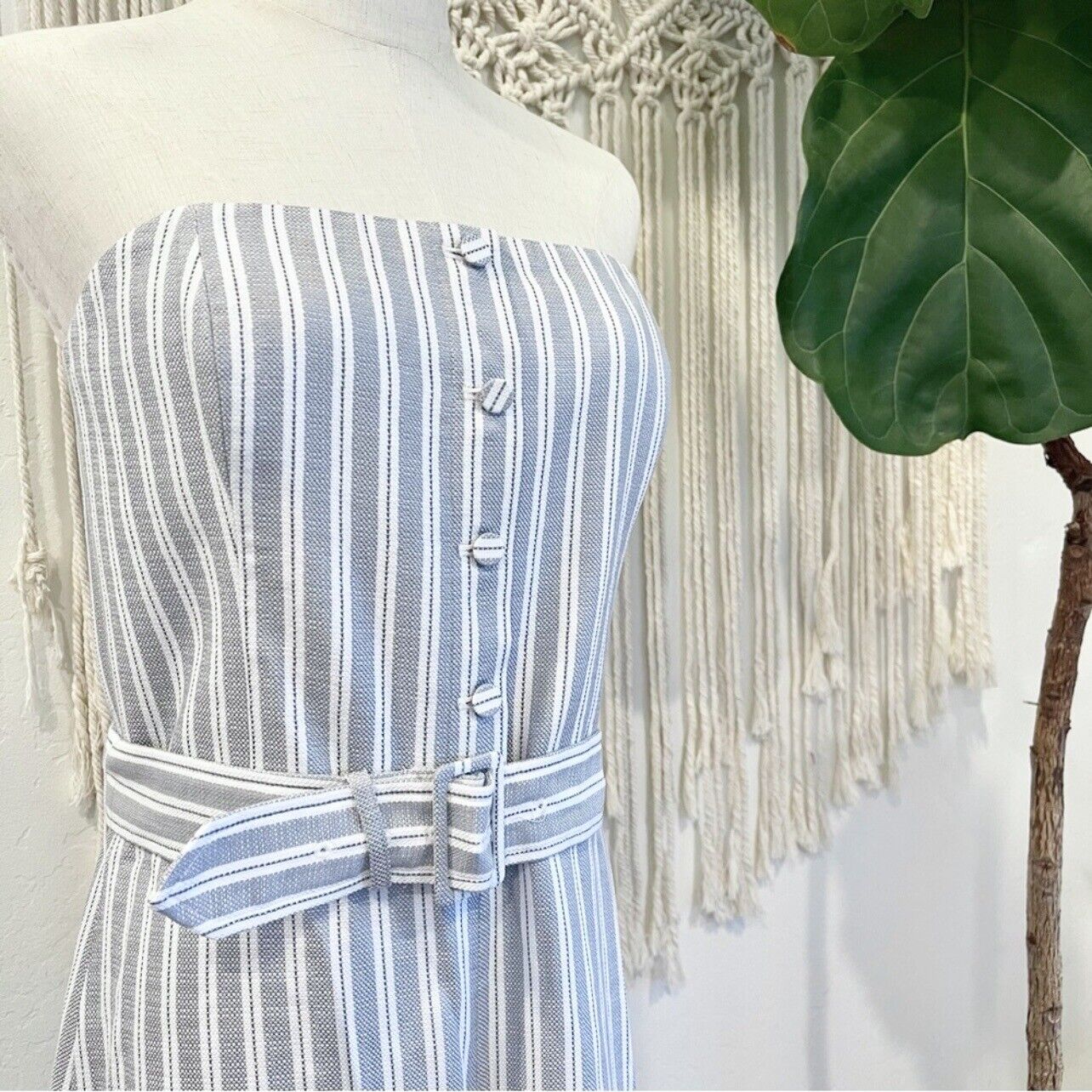 New $270 Club Monaco Blue & White Striped Linen Jumpsuit Romper Size 10 / Large