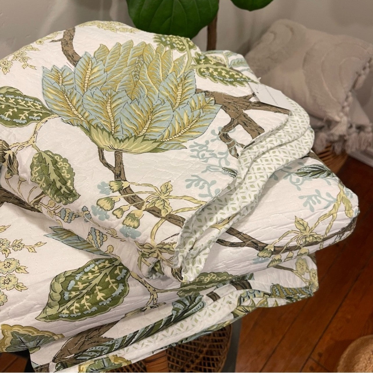 NEW Anthro Green Floral 100% Cotton Boho Quilt Bedding Bedspread Duvet Sham Set