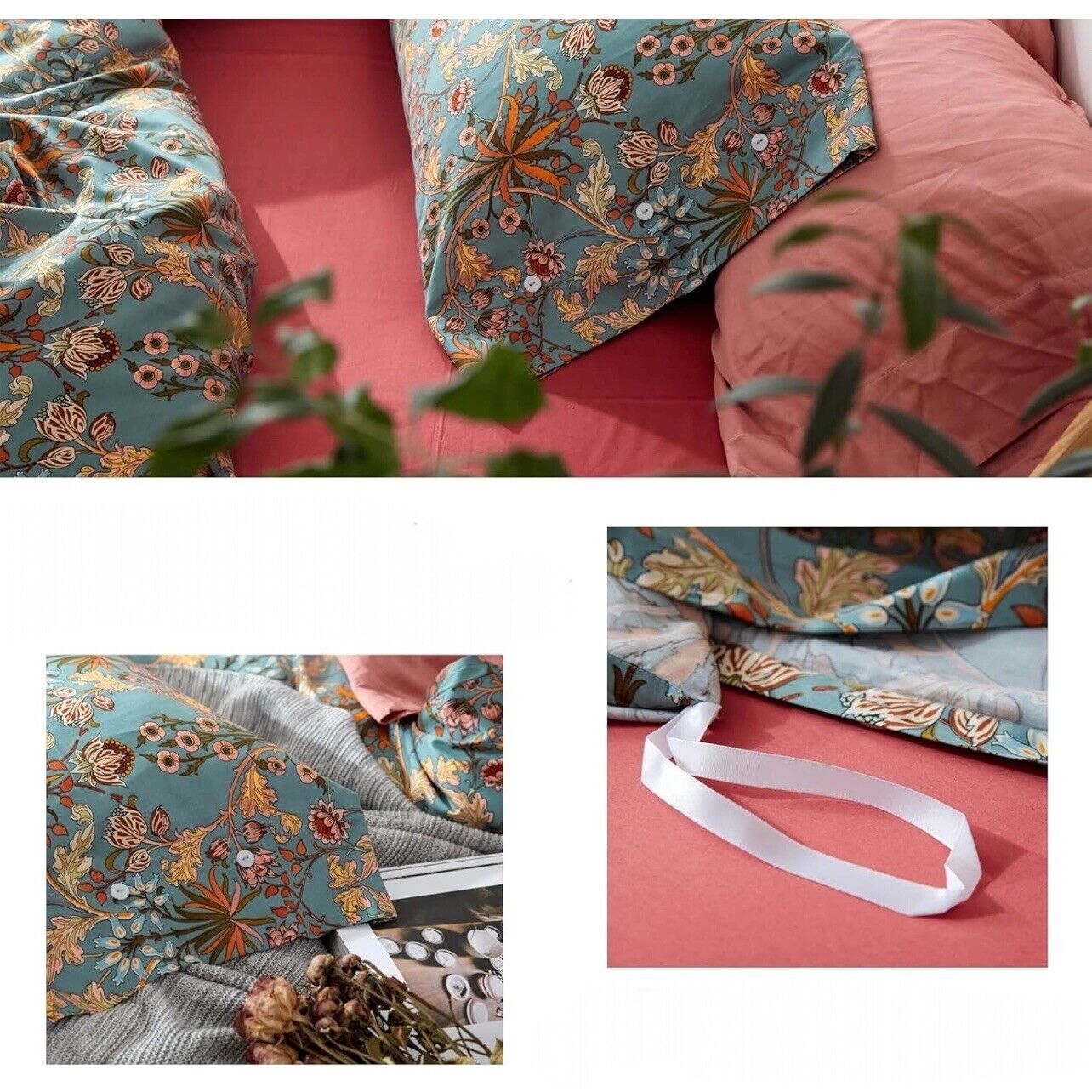 NEW Anthropologie Blue Orange Boho Queen Size Bedding Duvet Floral Sham Case Set