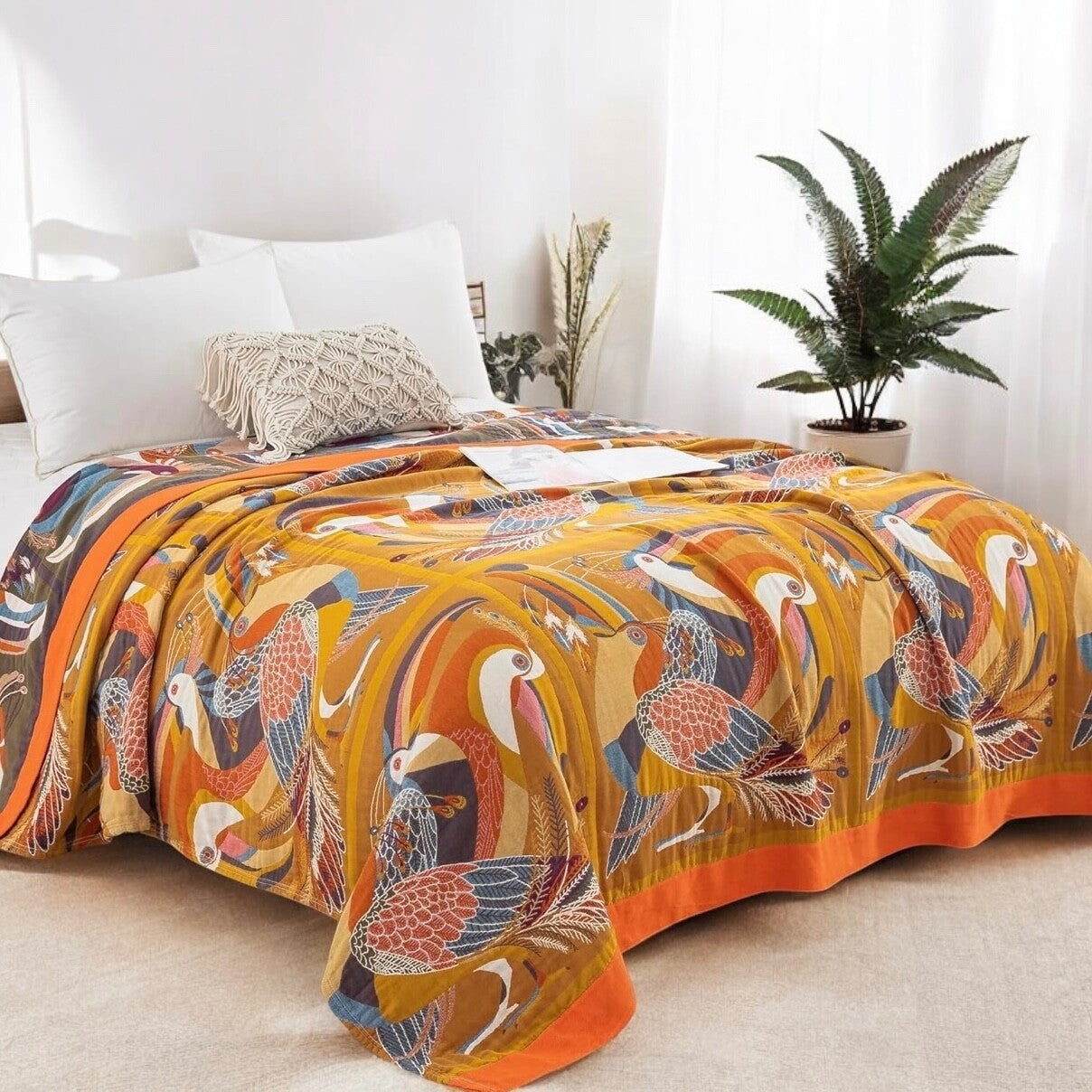 NEW XL Anthropologie Boho Bird Orange Throw Blanket Bedspread Quilt - 80" x 90"
