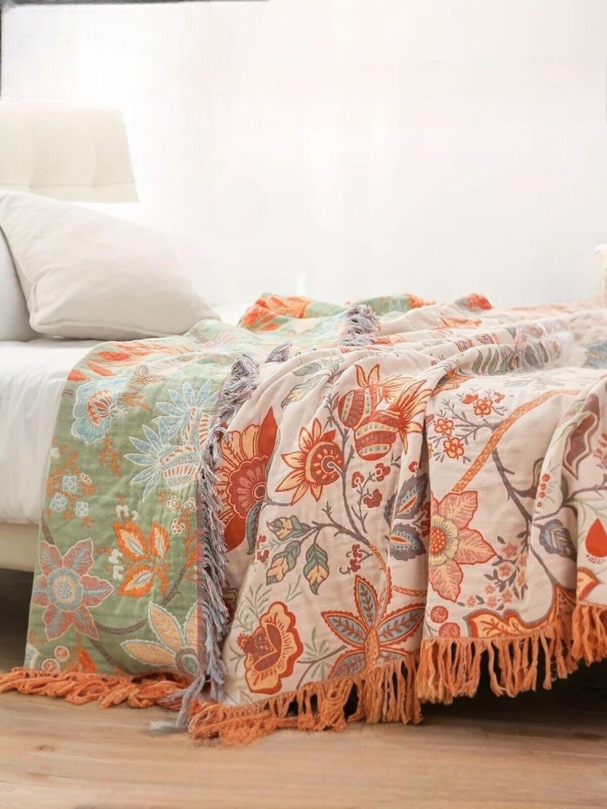 NEW Anthropologie XL Reversible Tassel Throw Blanket Bedspread Quilt - 80" x 90"