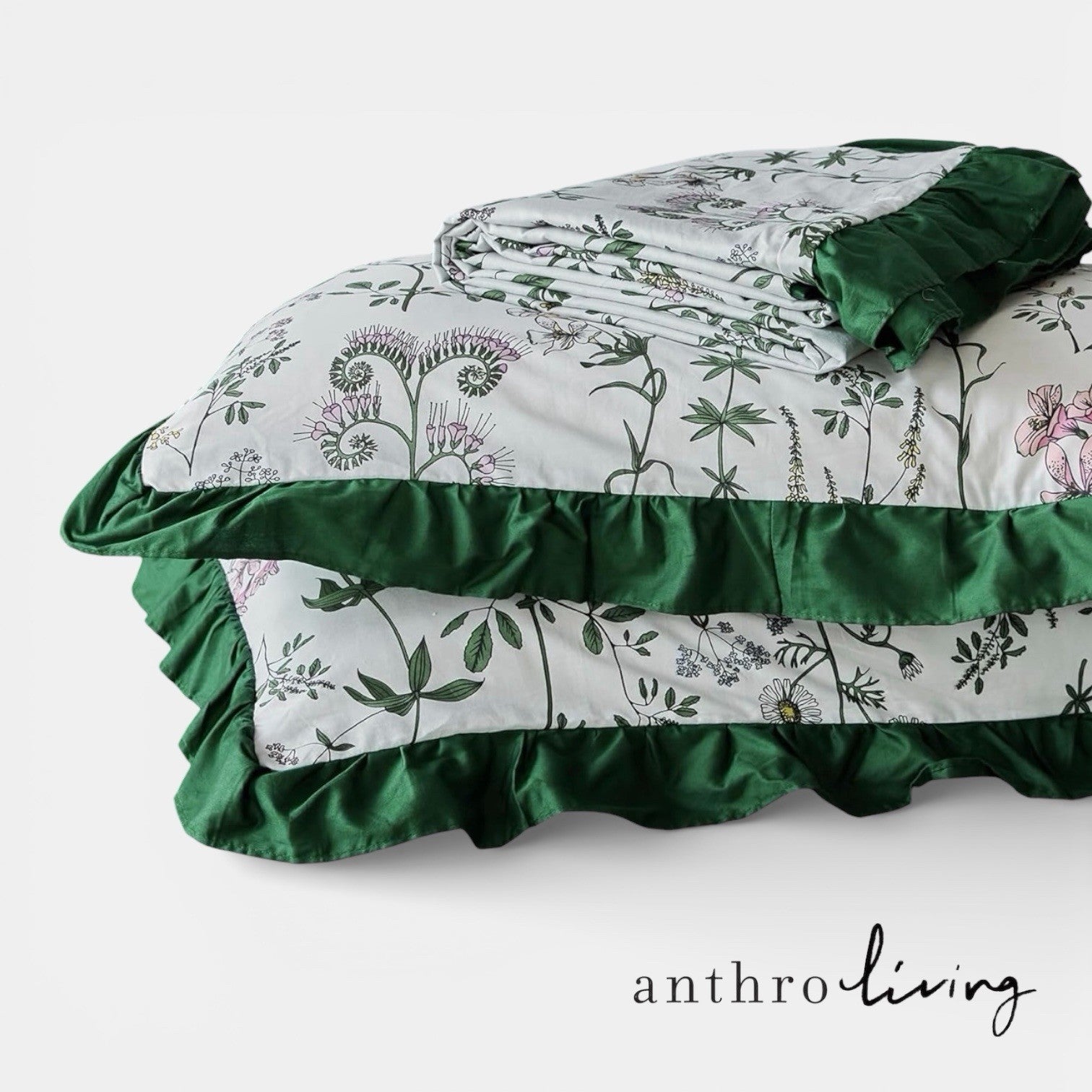 NEW Anthro Green Ruffle Floral Cotton Boho Queen / King Bedding Duvet & Sham Set