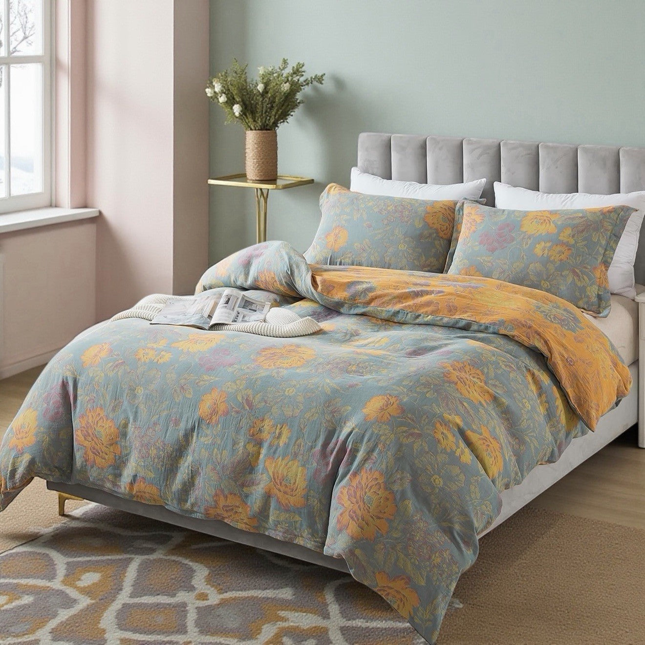 NEW Anthropologie Blue Orange Floral Cotton Queen / King Bedding Duvet Sham Set