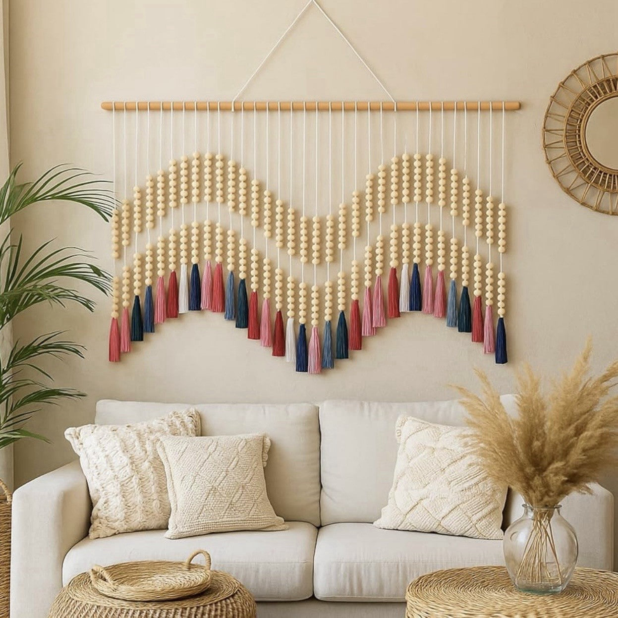 NEW Anthropologie XL  Colorful Tapestry Beaded Tassel Macrame Wall Hanging 70x35