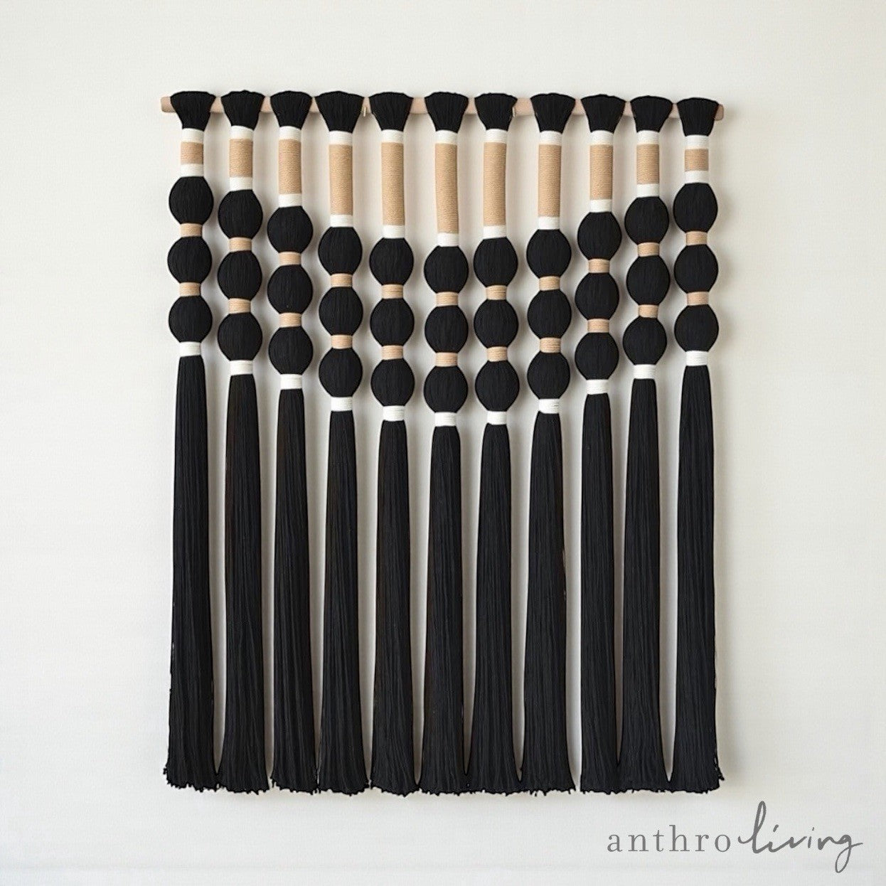 NEW Anthropologie XL Boho Black Ball Tassel Tapestry Woven Wall Hanging - 33"