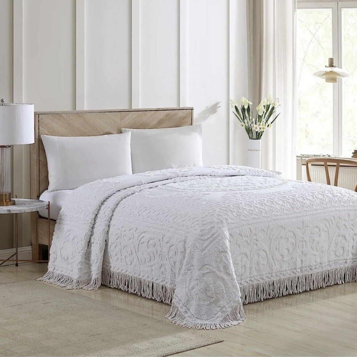 New Anthropologie White King Chenille Damask Quilt Bedspread Blanket & Sham Set