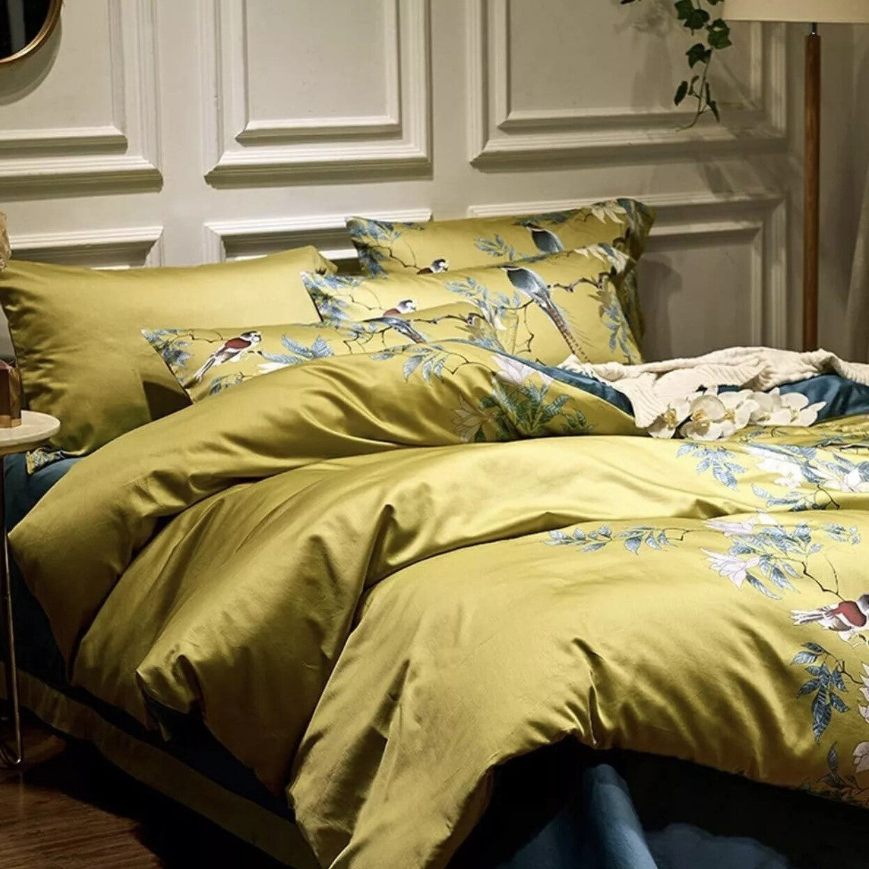 NEW Anthro Yellow Boho Queen / King Size Bird Bedding Duvet Floral Sham Case Set