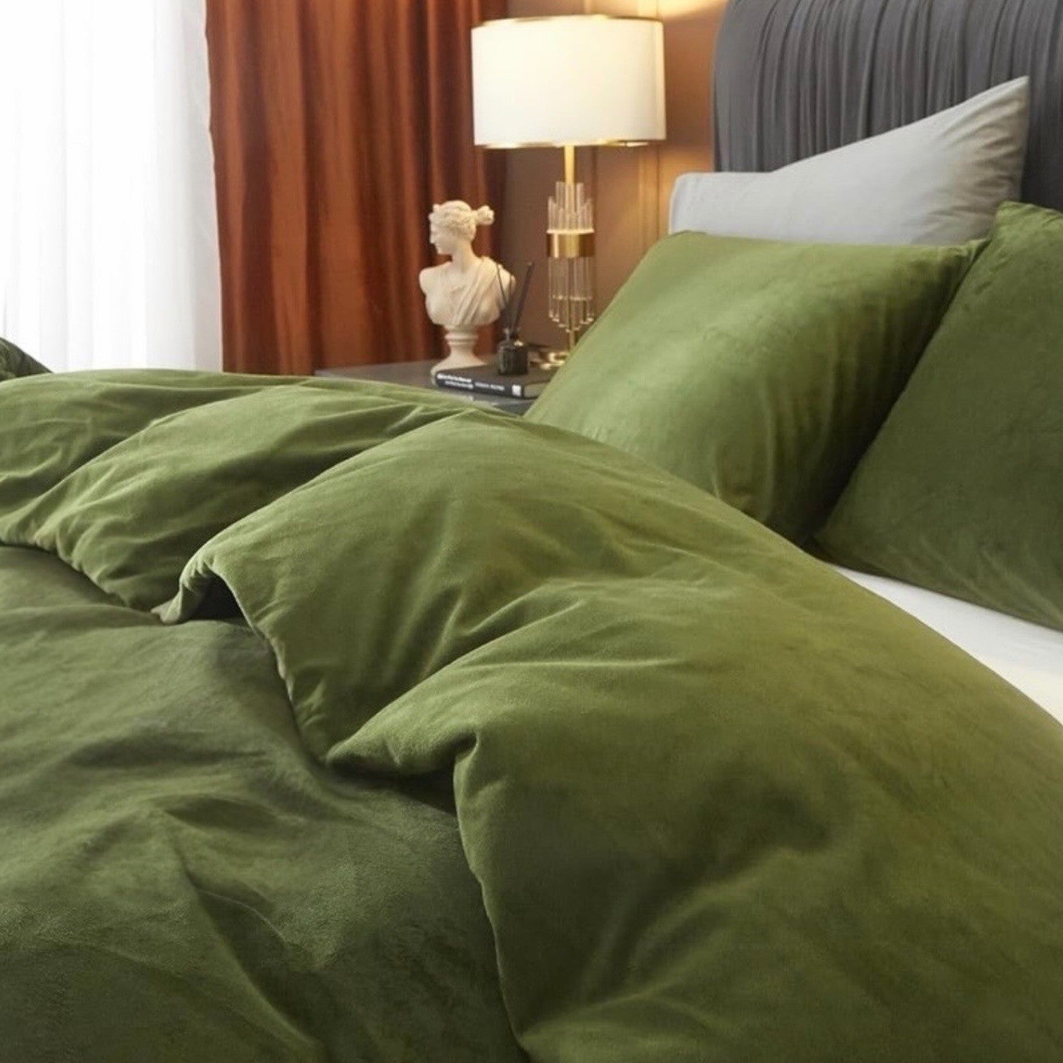 NEW West Elm Dark Green Lux Velvet Flannel Queen / King Duvet Bedding & Sham Set