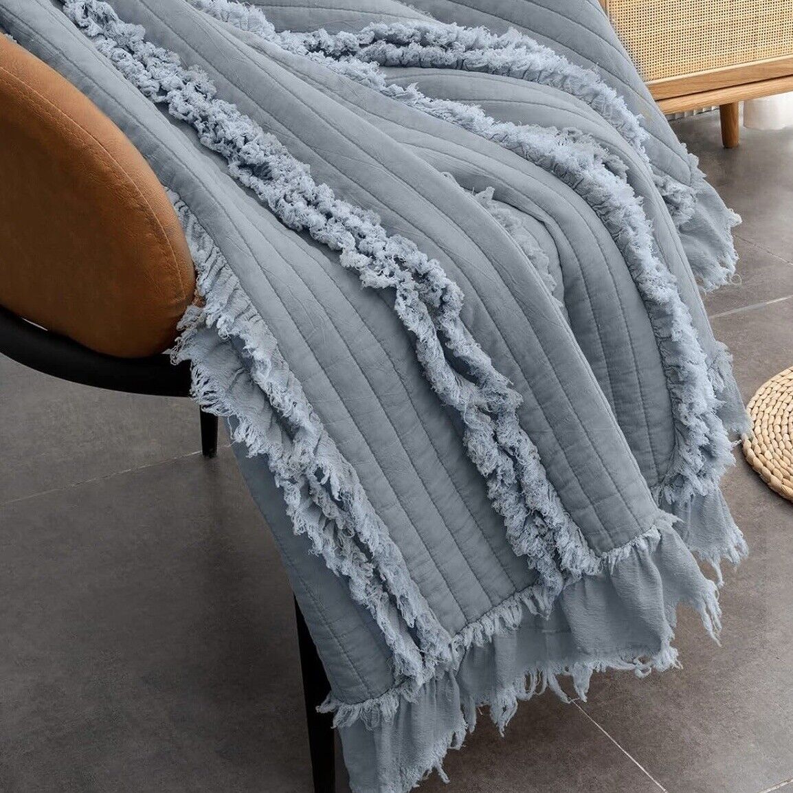 NEW West Elm Boho Blue Quilted Ruffle Knit Throw Blanket Bedding - 60" x 80"