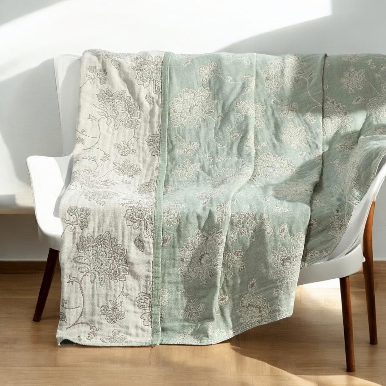NEW Anthro Boho Floral Muslin Green Reversible Throw Blanket - 90" x 80"