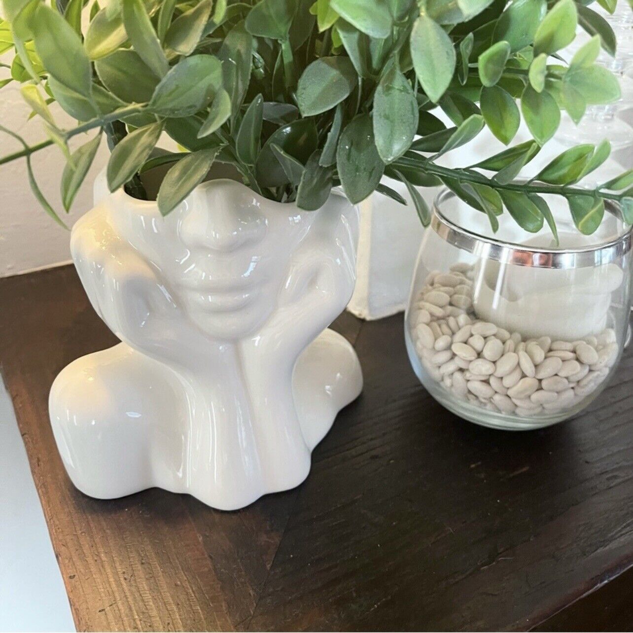 New Anthropologie Boho White Ceramic Female Face Abstract Flower Vase - Large