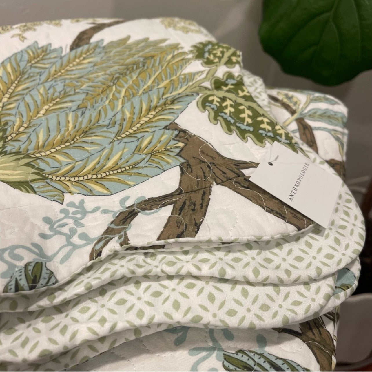 NEW Anthro Green Floral 100% Cotton Boho Quilt Bedding Bedspread Duvet Sham Set