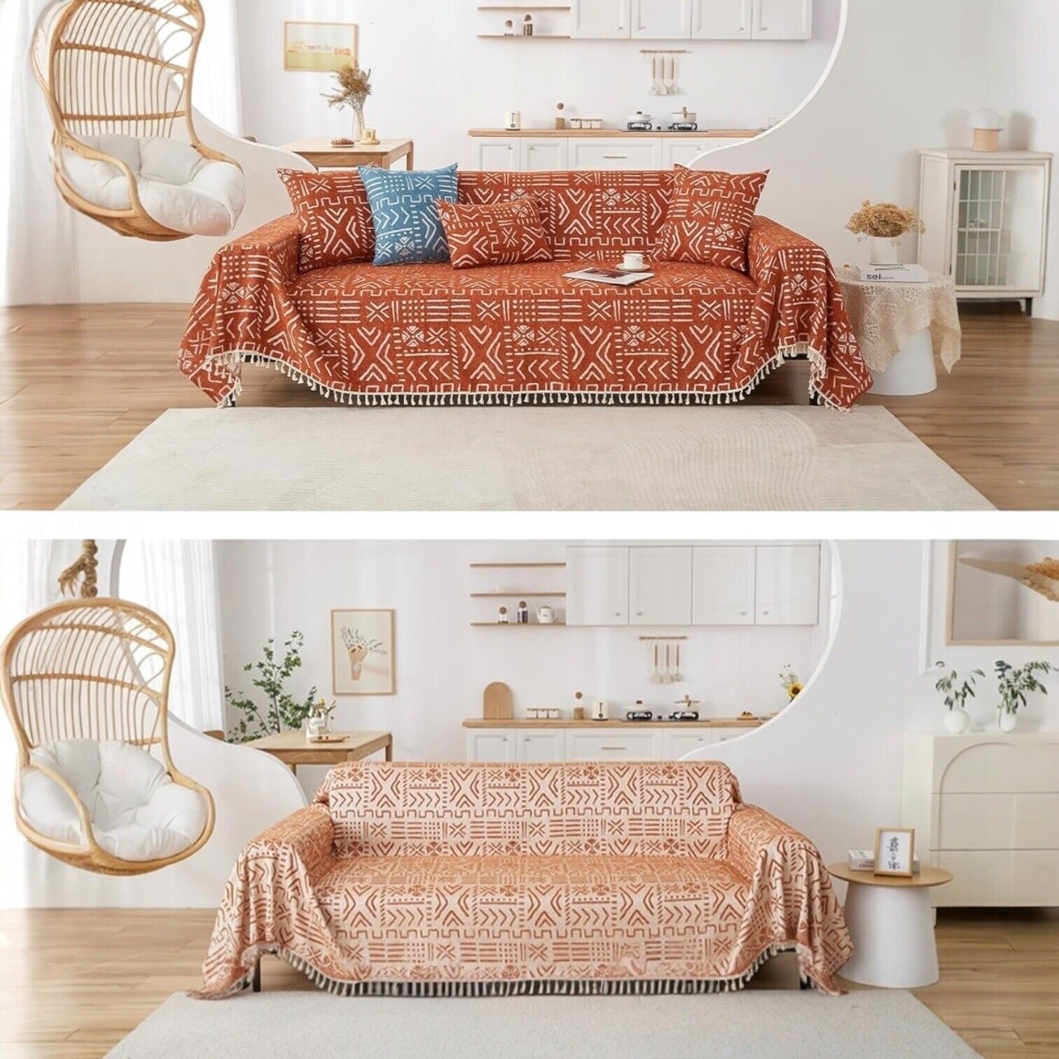 NEW Anthropologie XL Reversible Orange Abstract Tassel Couch Blanket 70" x 118"