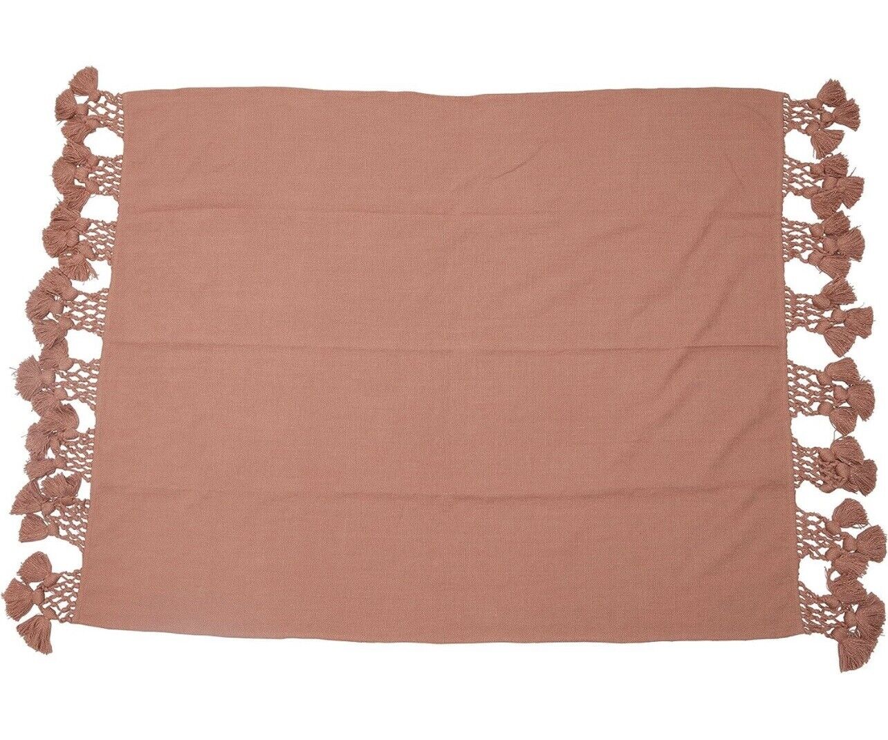 New Anthropologie Coral Pink Boho Tassel Macrame Knit Throw Blanket - 50" x 60"