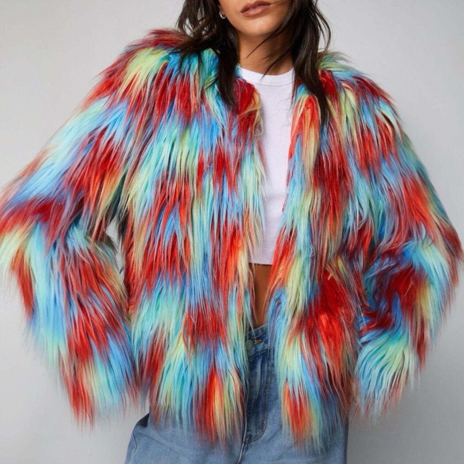 NEW Nasty Gal Rainbow Multicolor Faux Fur Hippie Jacket Coat Sweater Large / 10