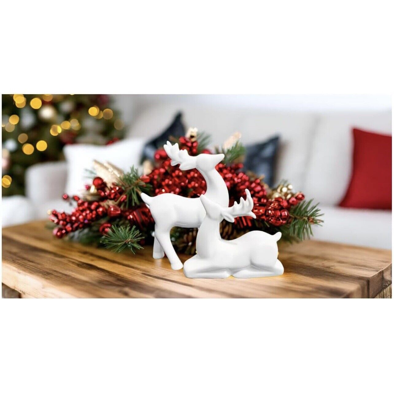 NEW Pottery Barn Modern White Ceramic Deer Holiday Christmas Figurines Set of 2