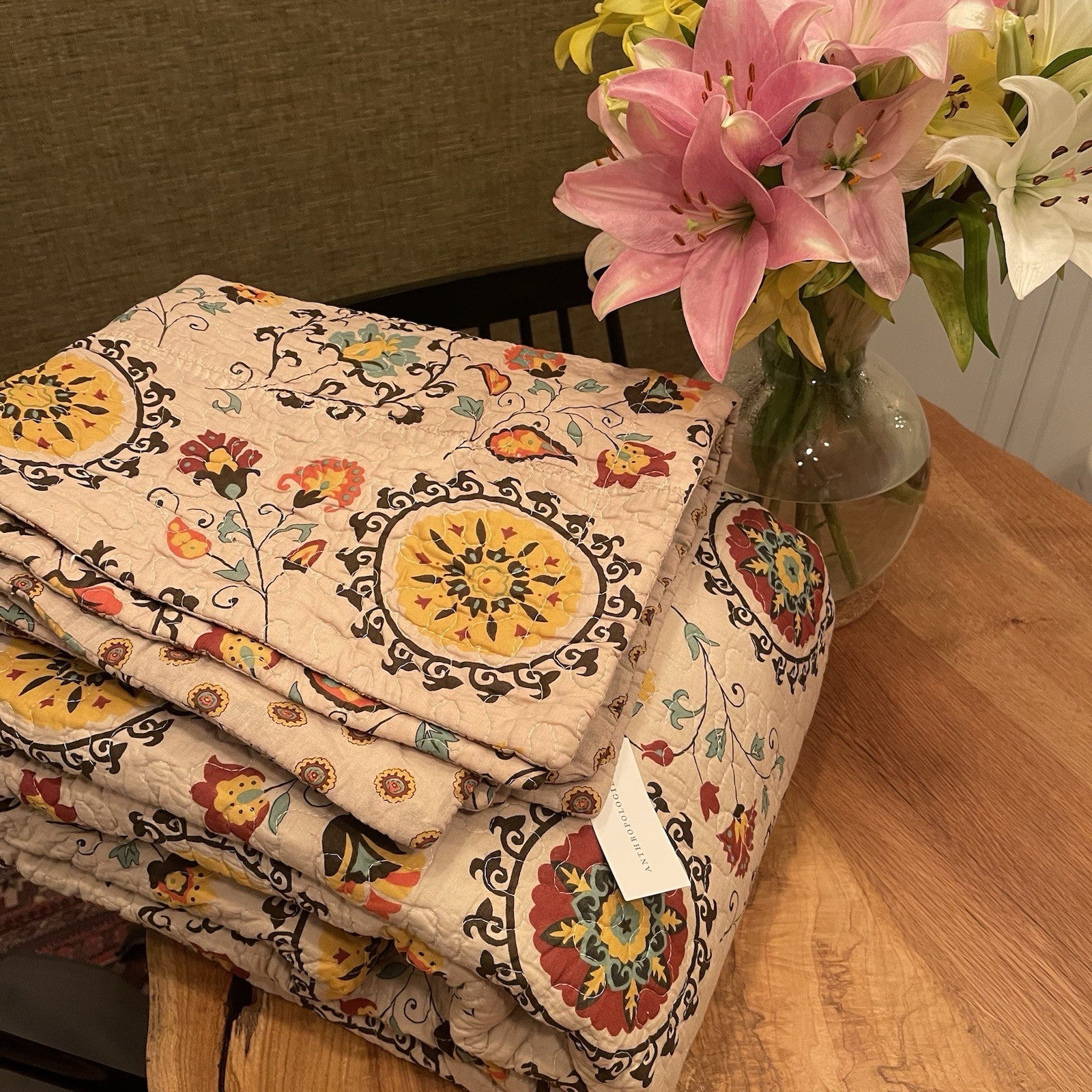 NEW Anthropologie Multicolor Floral Boho Queen Quilt Bedspread Bedding Sham Set