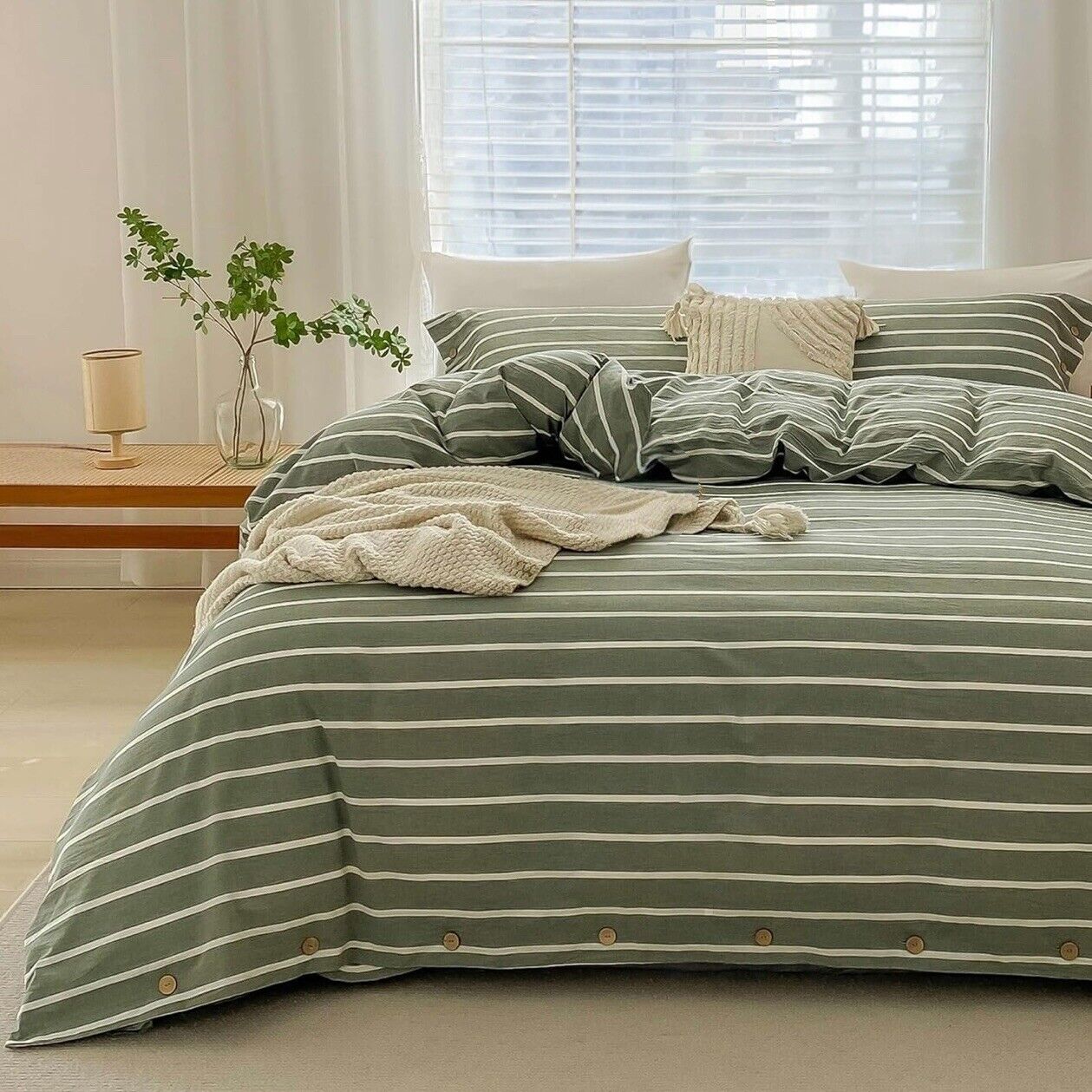 NEW West Elm Boho Green Stripe King Size Cotton Linen Bedding Duvet Sham Set