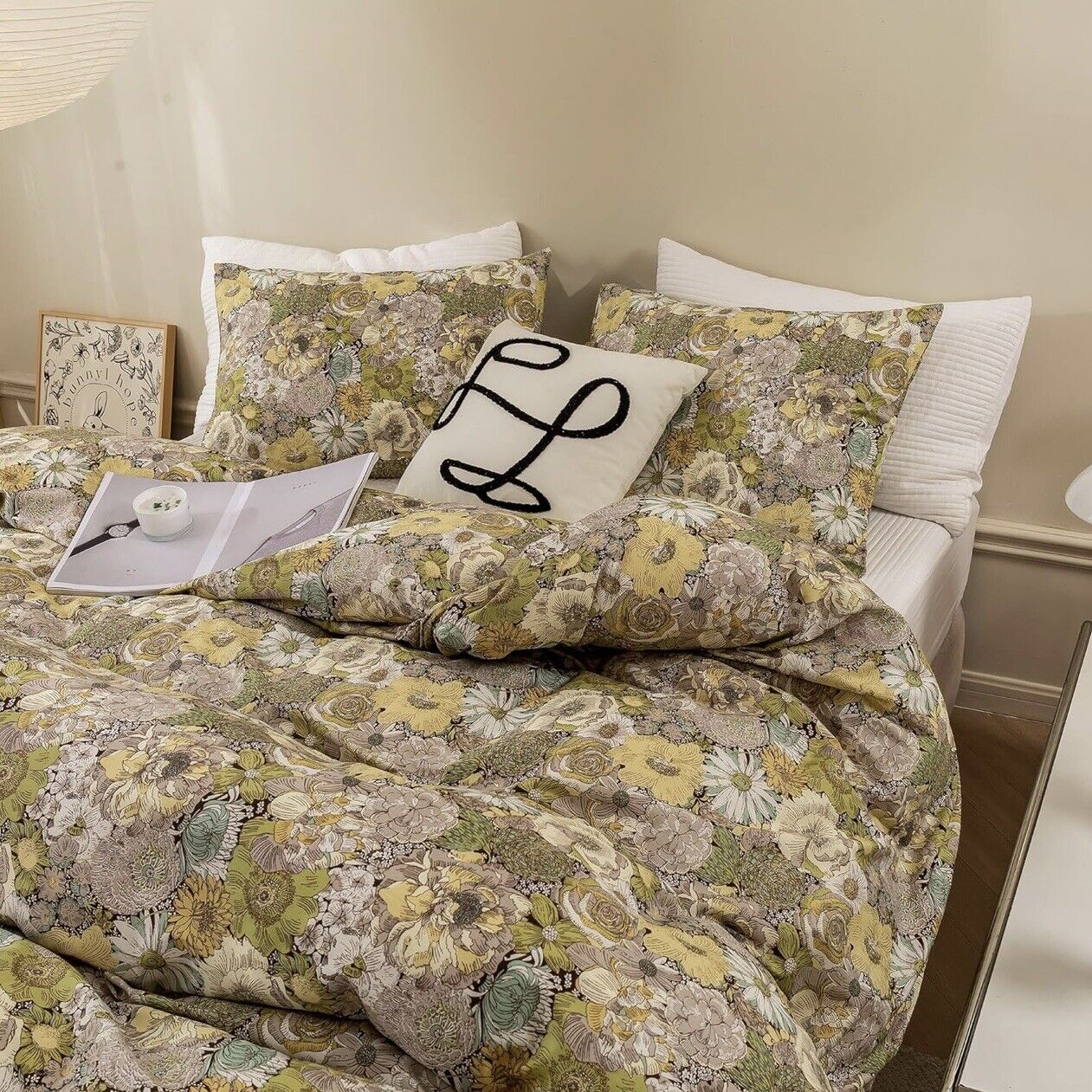 NEW Anthropologie Green Yellow Floral Cotton Boho King Bedding Duvet & Sham Set