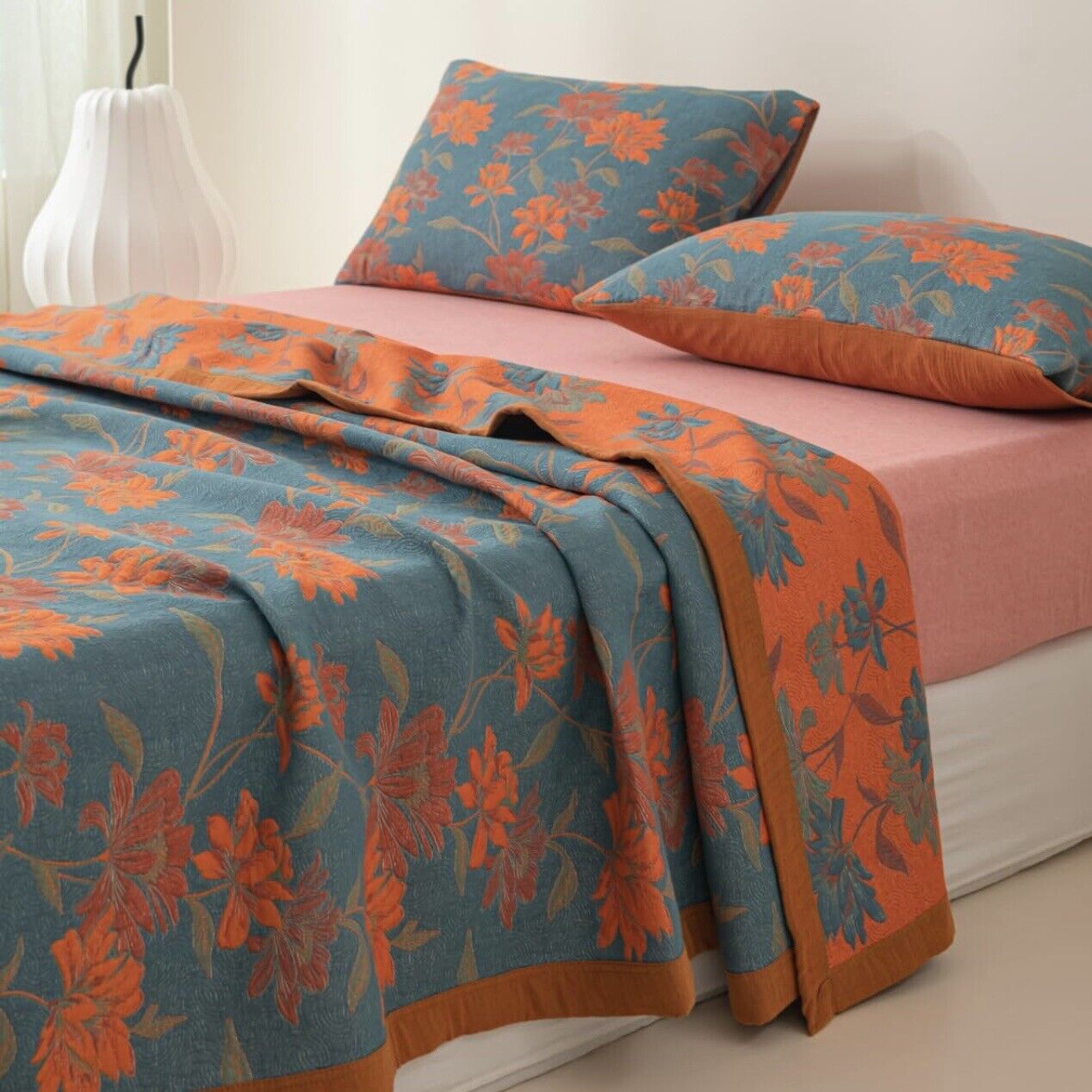 NEW Anthropologie Blue Orange Reversible Queen / King Bedspread Blanket Sham Set