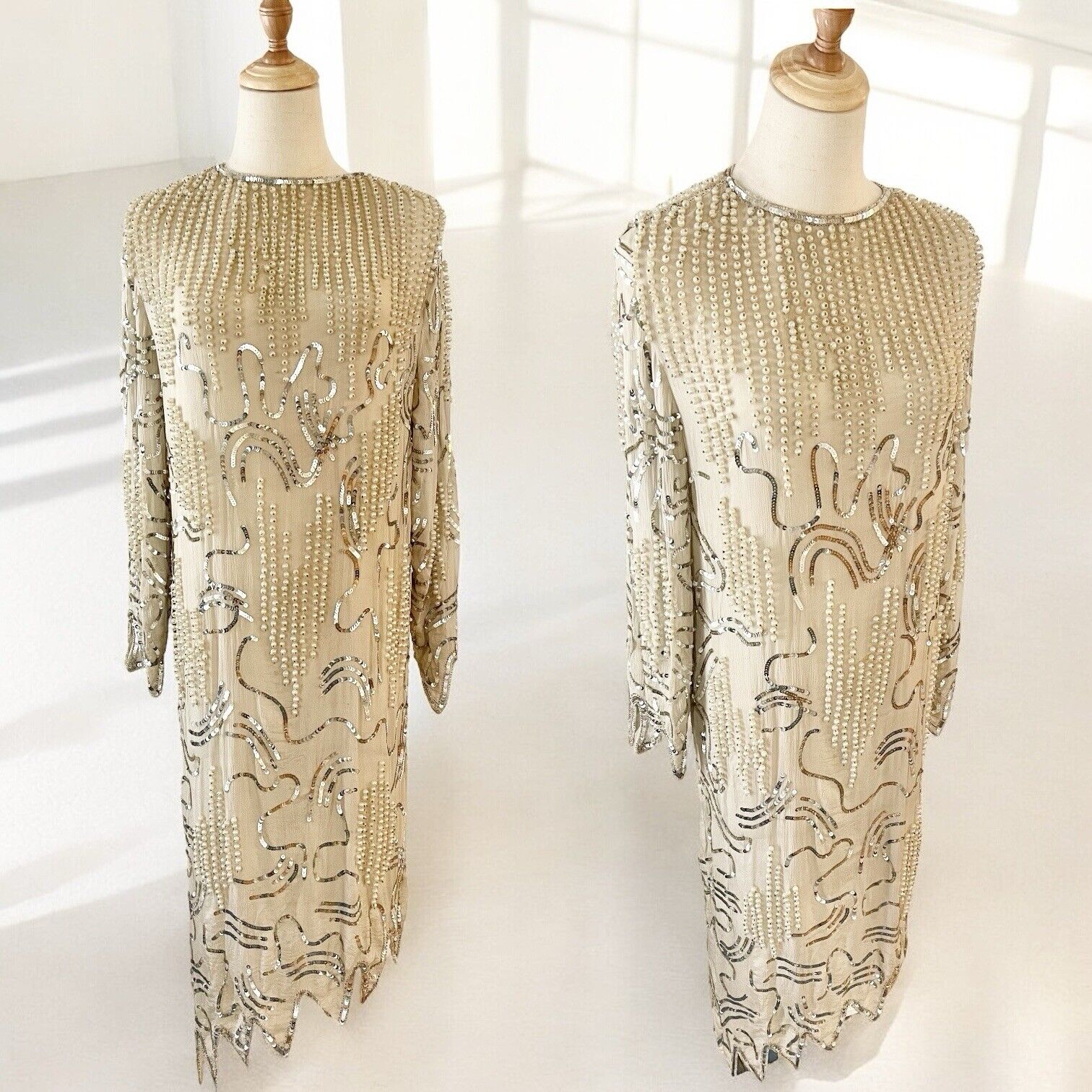 Vintage Carolina Herrera Cream Chiffon Pearl & Sequin Tunic Dress - Size Small