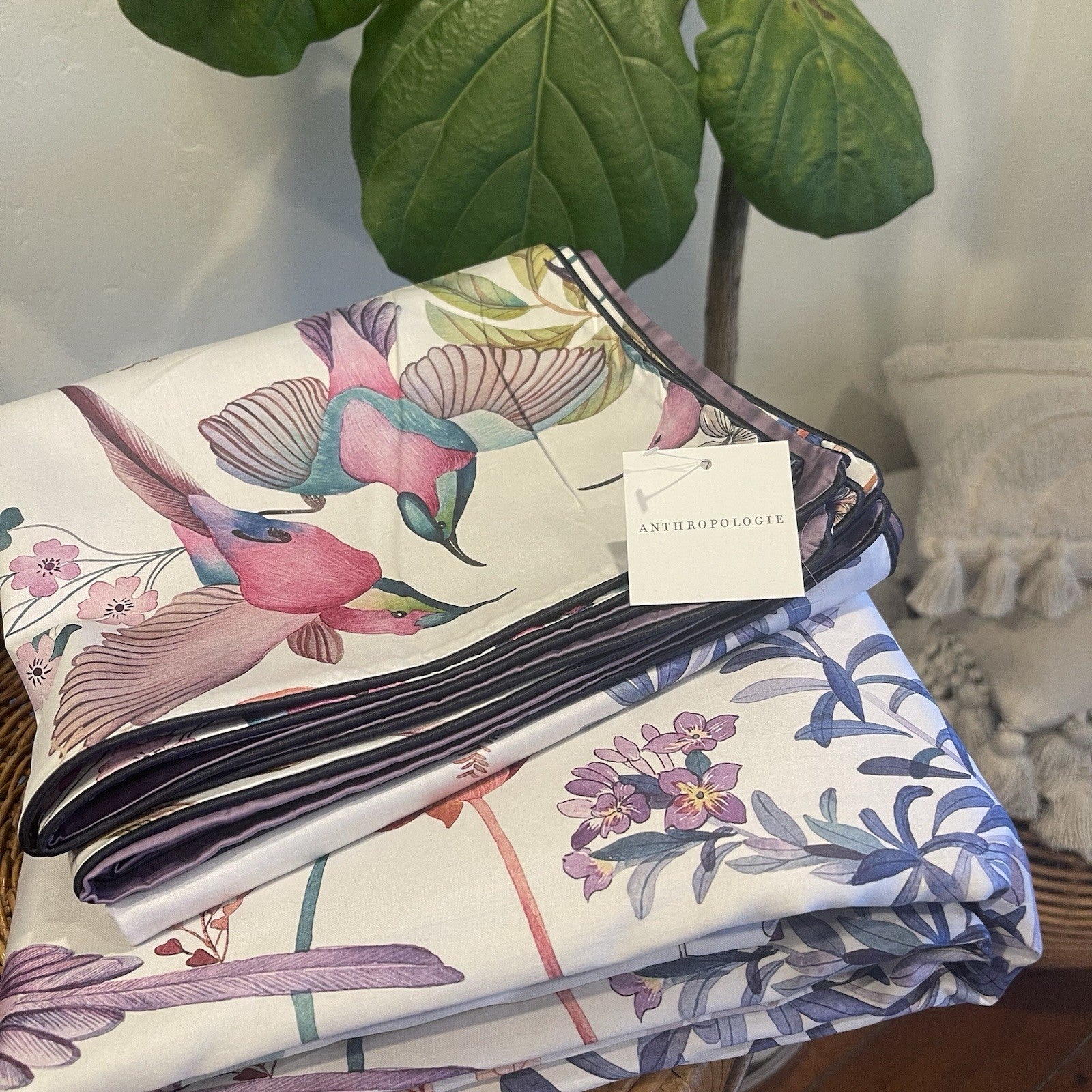 NEW Anthro Purple Floral Bird Boho Cotton Queen / King Bedding Duvet & Sham Set
