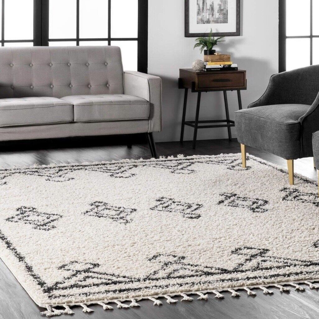 NEW West Elm White Black Boho Tassel Geometric Shag Area Rug Carpet - 5' x 8'