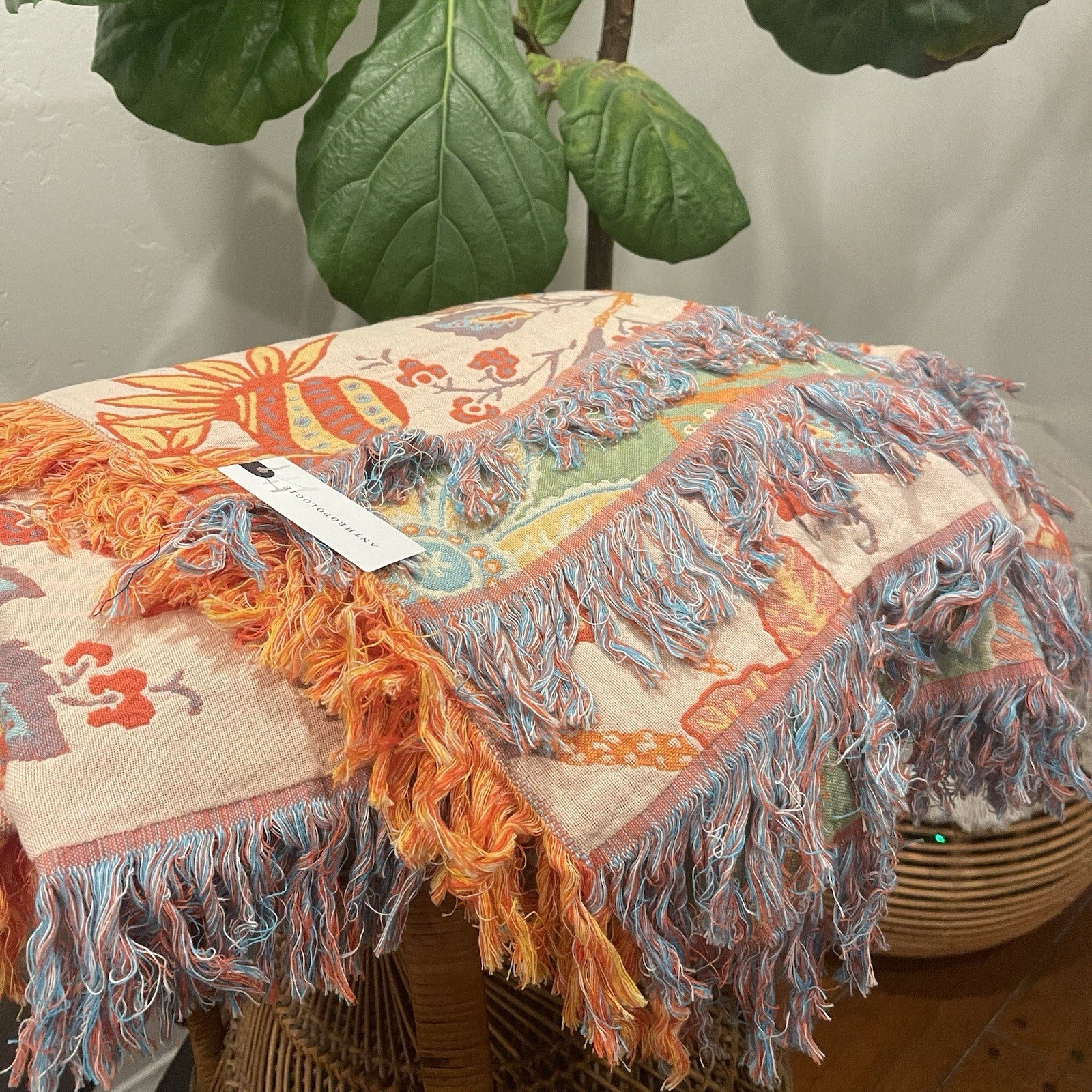 NEW XL Coral & Green Reversible Boho Fringe Blanket Bedspread Quilt - 80" x 90"