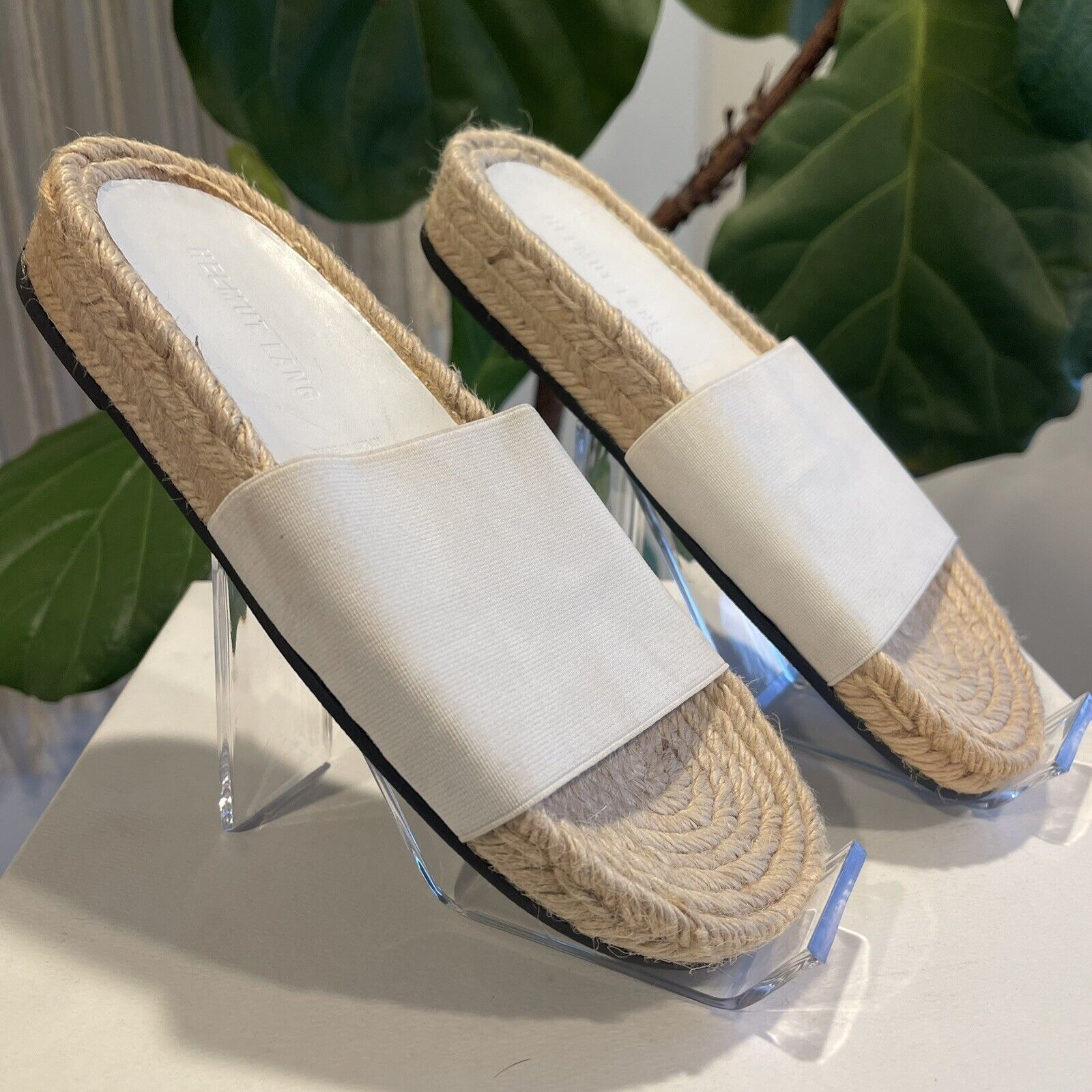 NEW Helmut Lang White Stretch Fabric Espadrille Flat Sandals Shoes - Size 6 / 36