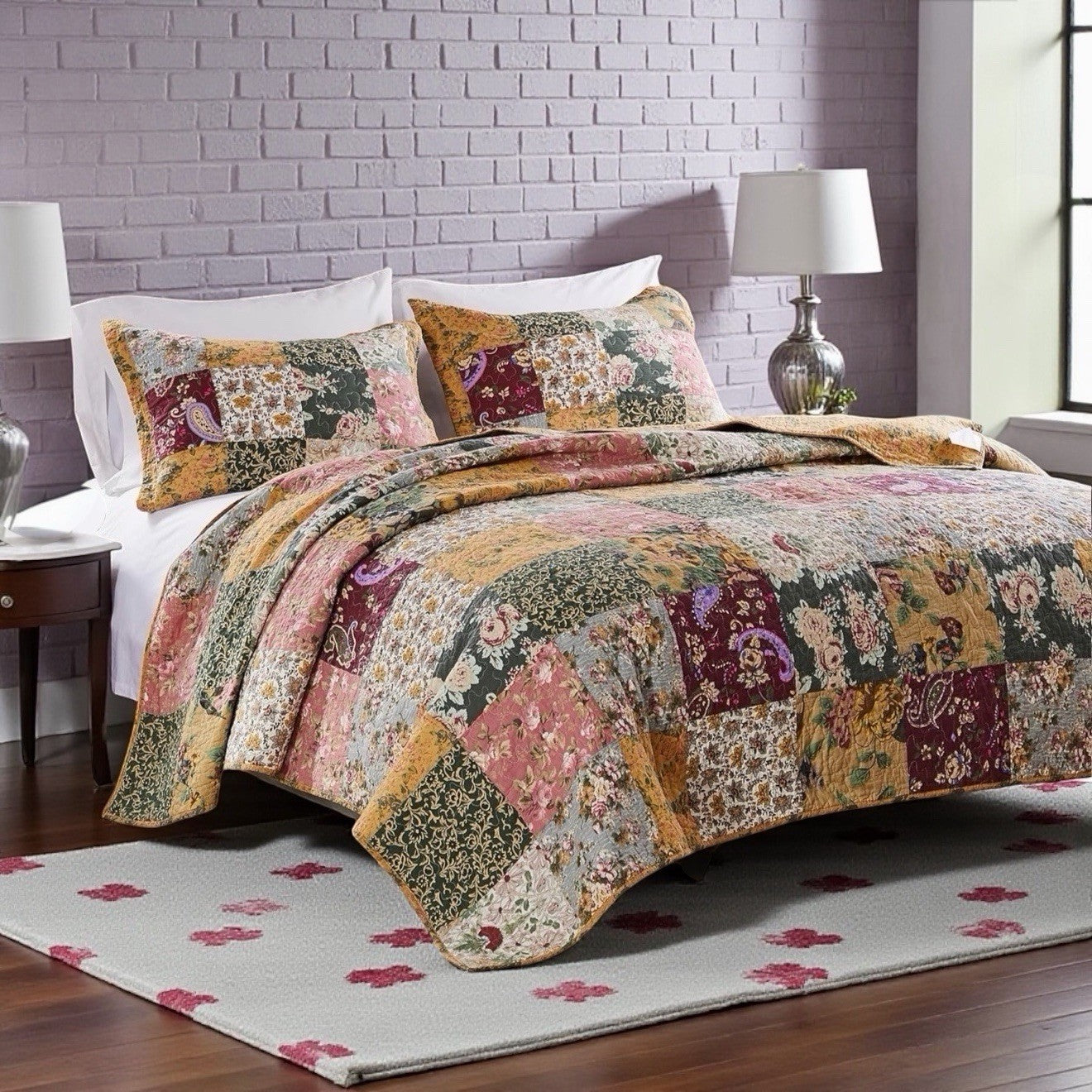 NEW Anthro Cotton Floral Reversible Patchwork Queen King Bedding Quilt Sham Set