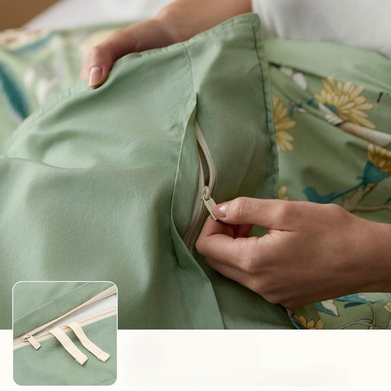 NEW Anthro Green Floral Bird Boho Cotton Queen King Size Bedding Duvet Sham Set