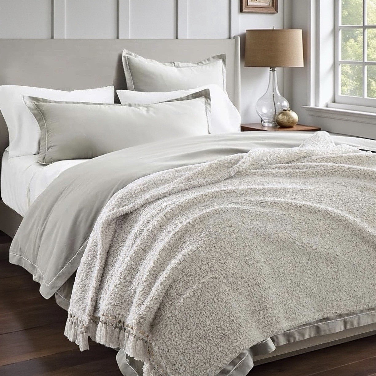 NEW West Elm Beige Sherpa Tassel Fringe Boho Cozy Knit Throw Blanket - 50" x 60"