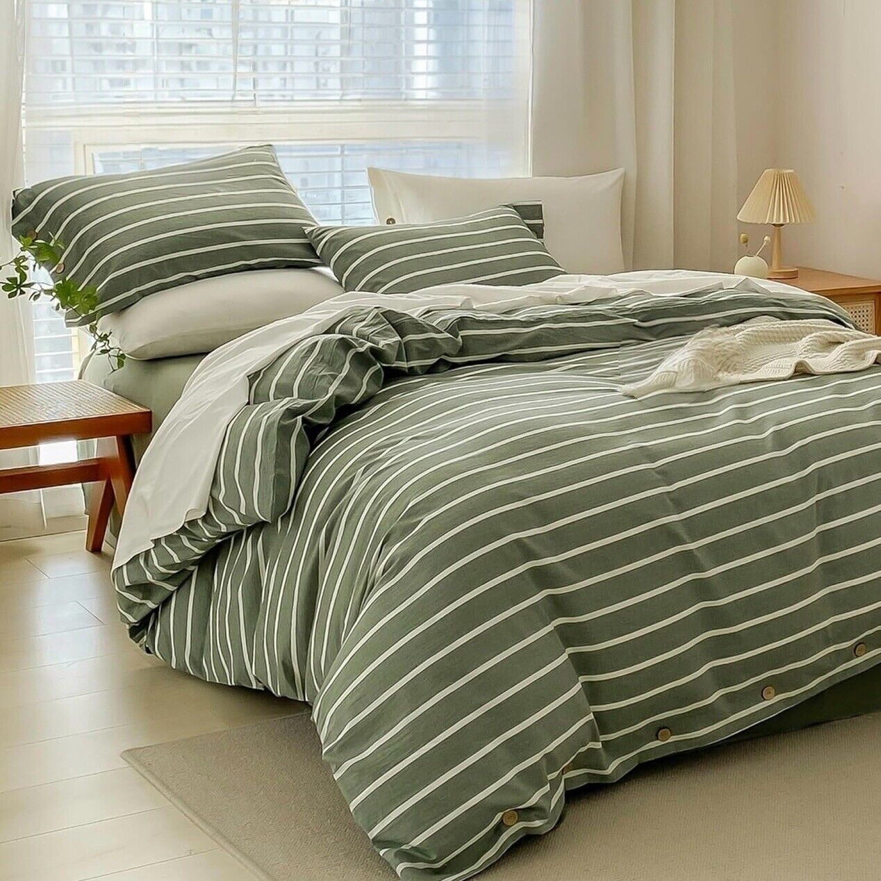 NEW West Elm Boho Green Stripe Queen Size Cotton Linen Bedding Duvet Sham Set