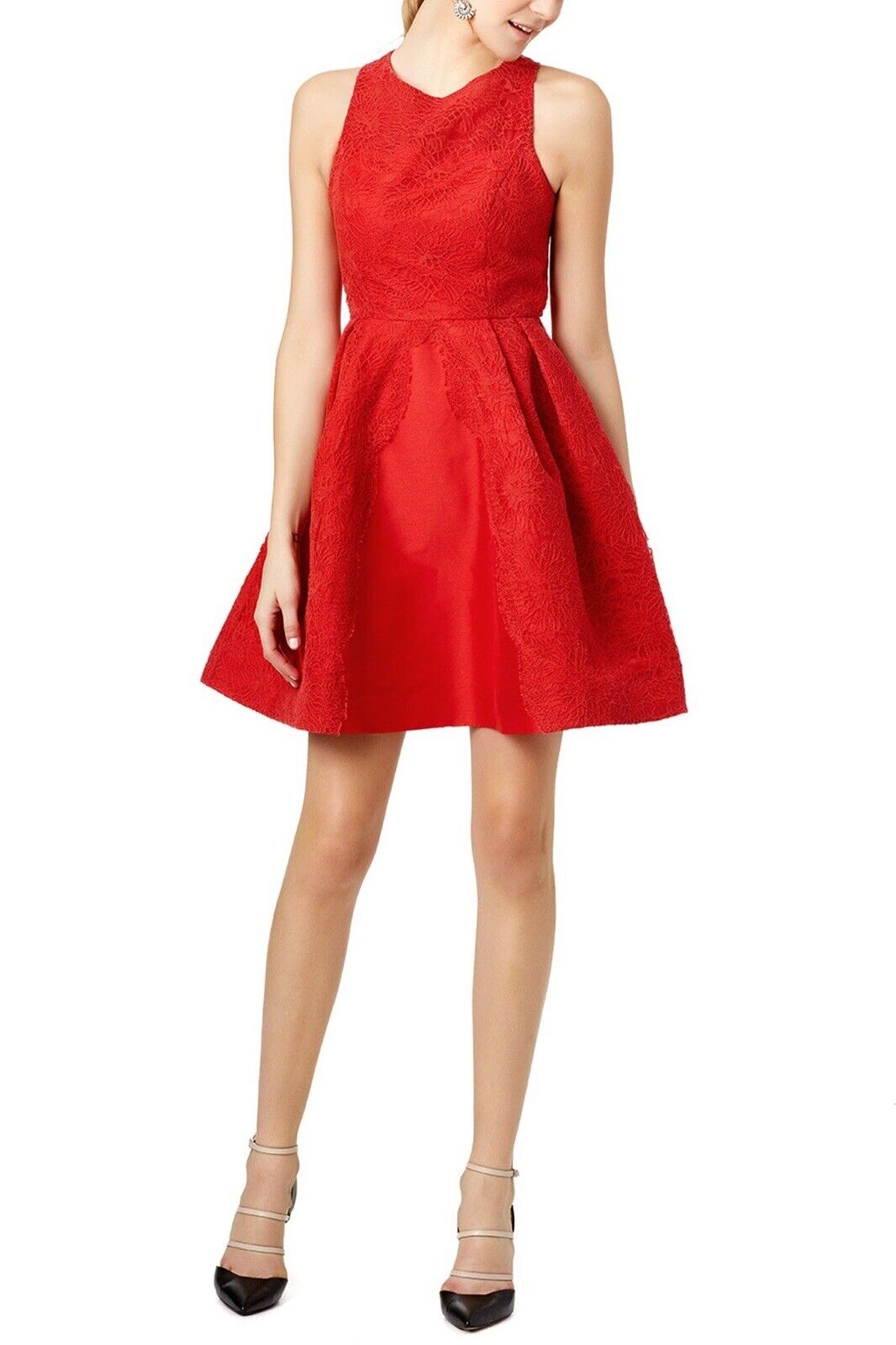 Monique Lhuillier Red Lace Open Back Mark Mini Dress Formal Gown - Size Medium