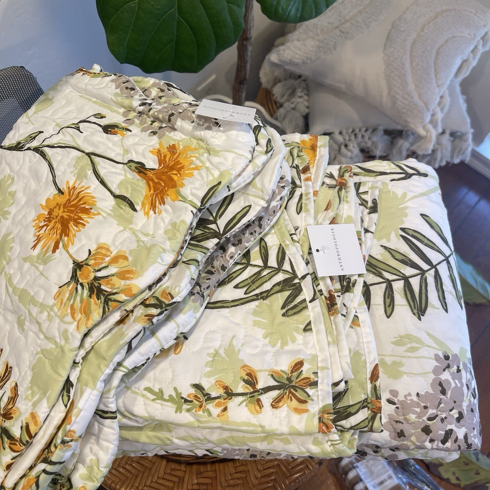 NEW Anthro White Yellow Floral Queen Boho Quilt Bedding Bedspread Duvet Sham Set