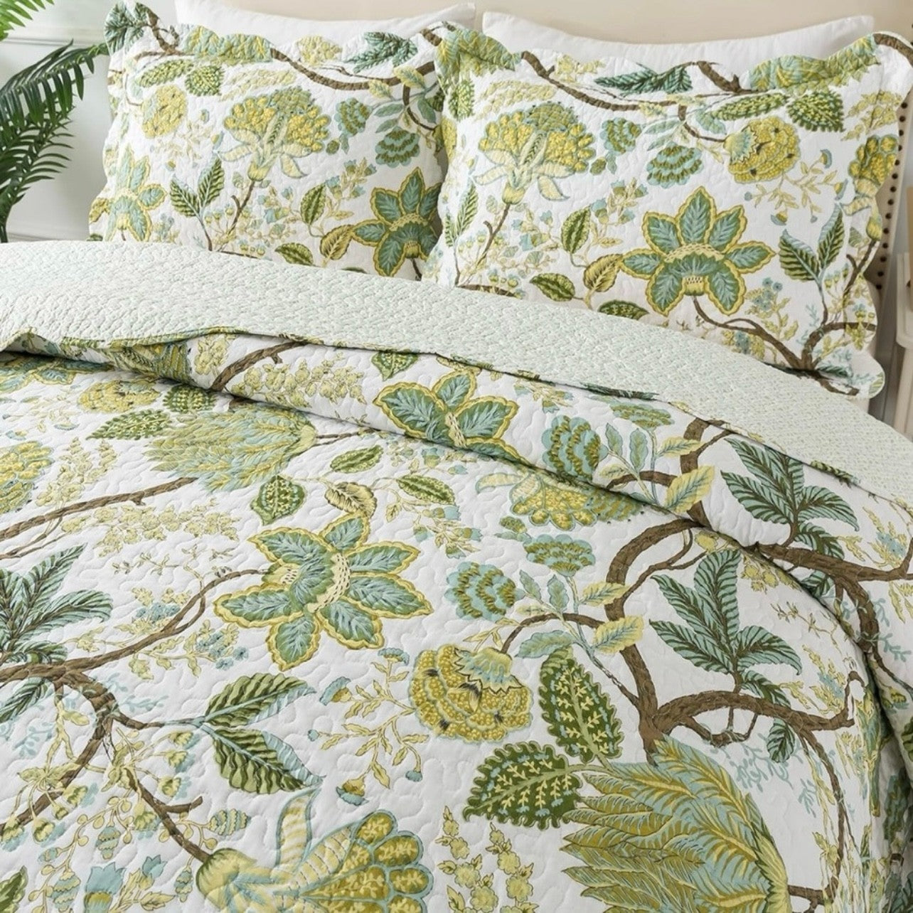 NEW Anthro Green Floral 100% Cotton Boho Quilt Bedding Bedspread Duvet Sham Set