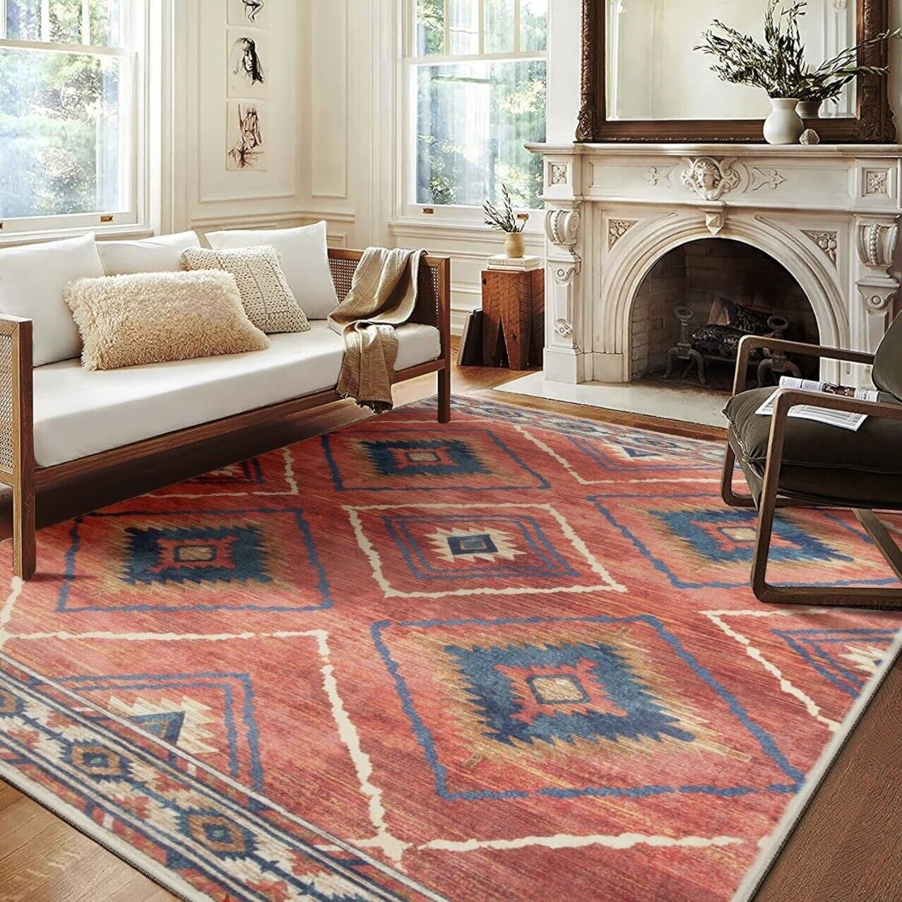 NEW West Elm Red Moroccan Boho Tribal Washable Low Pile Area Rug Carpet 8' x 10'