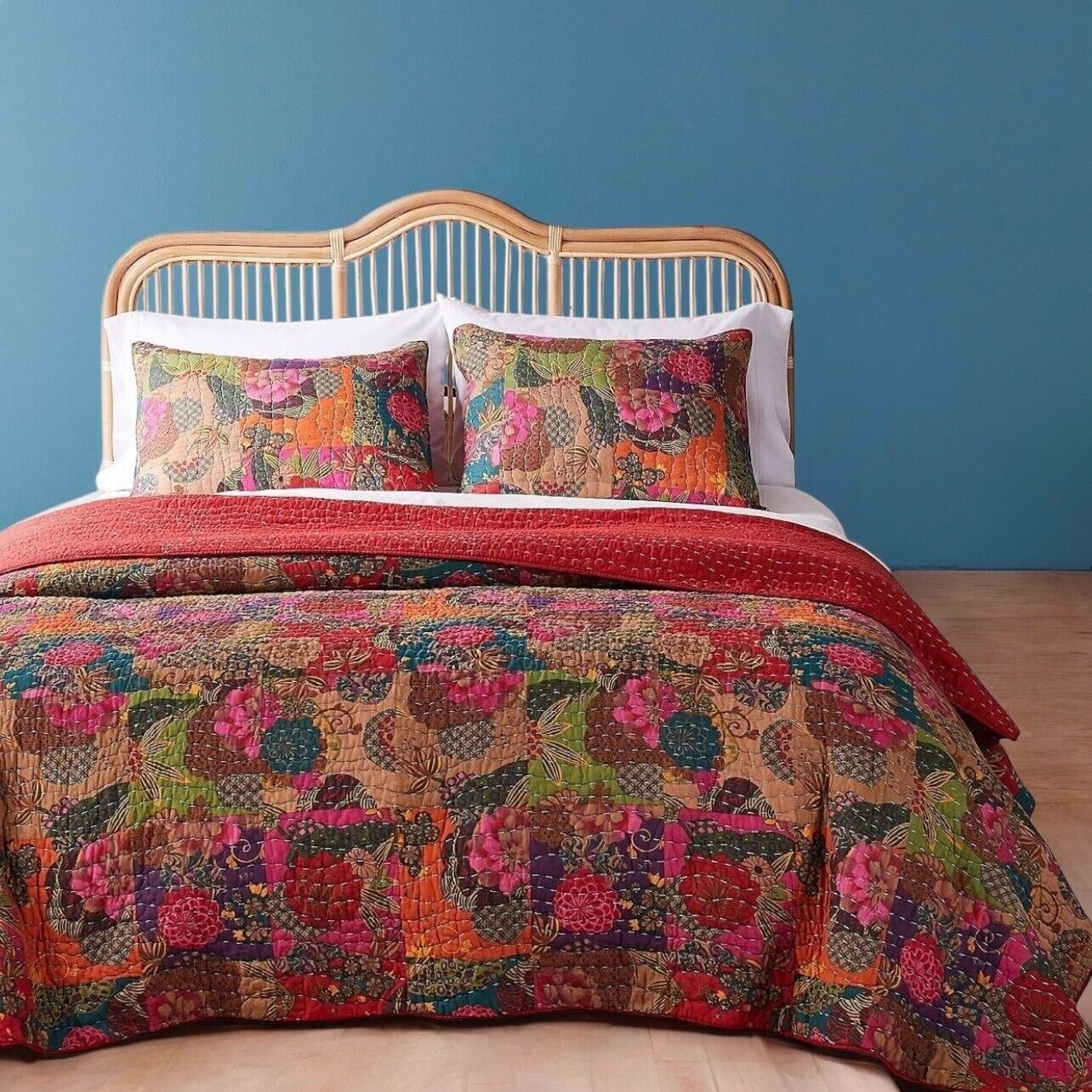 NEW Anthropologie Multicolor Floral Boho Queen Quilt Bedspread Bedding Sham Set