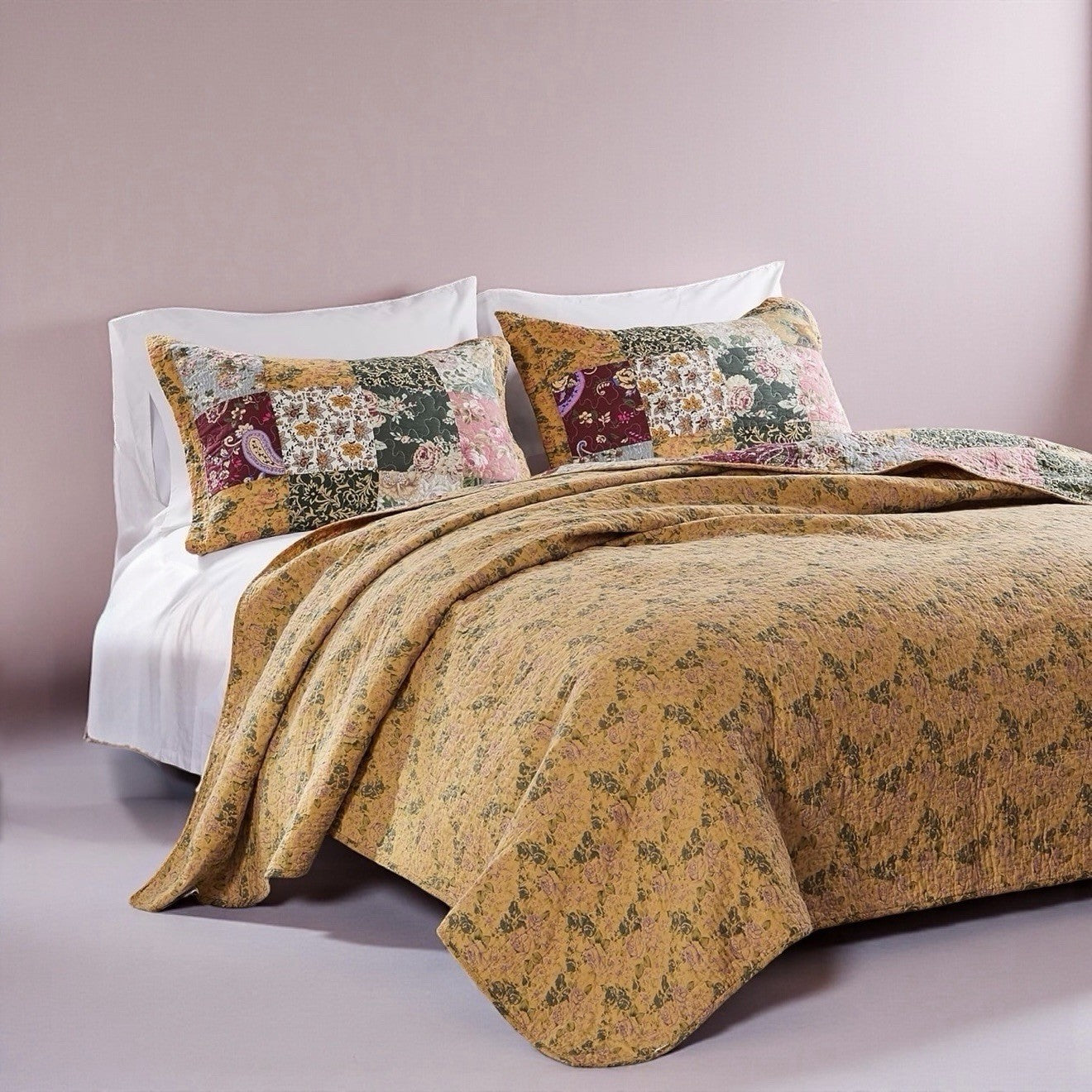 NEW Anthro Cotton Floral Reversible Patchwork Queen King Bedding Quilt Sham Set