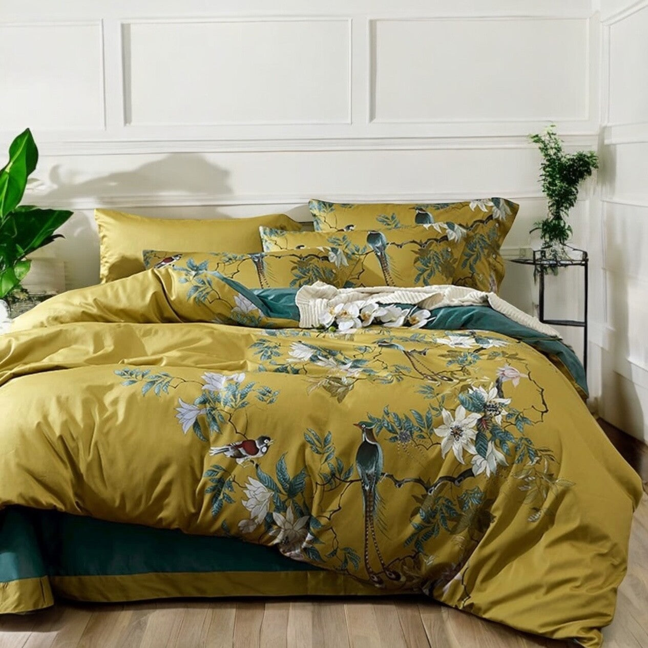 NEW Anthropologie Yellow Boho King Bird Cotton Bedding Duvet & Floral Sham Set
