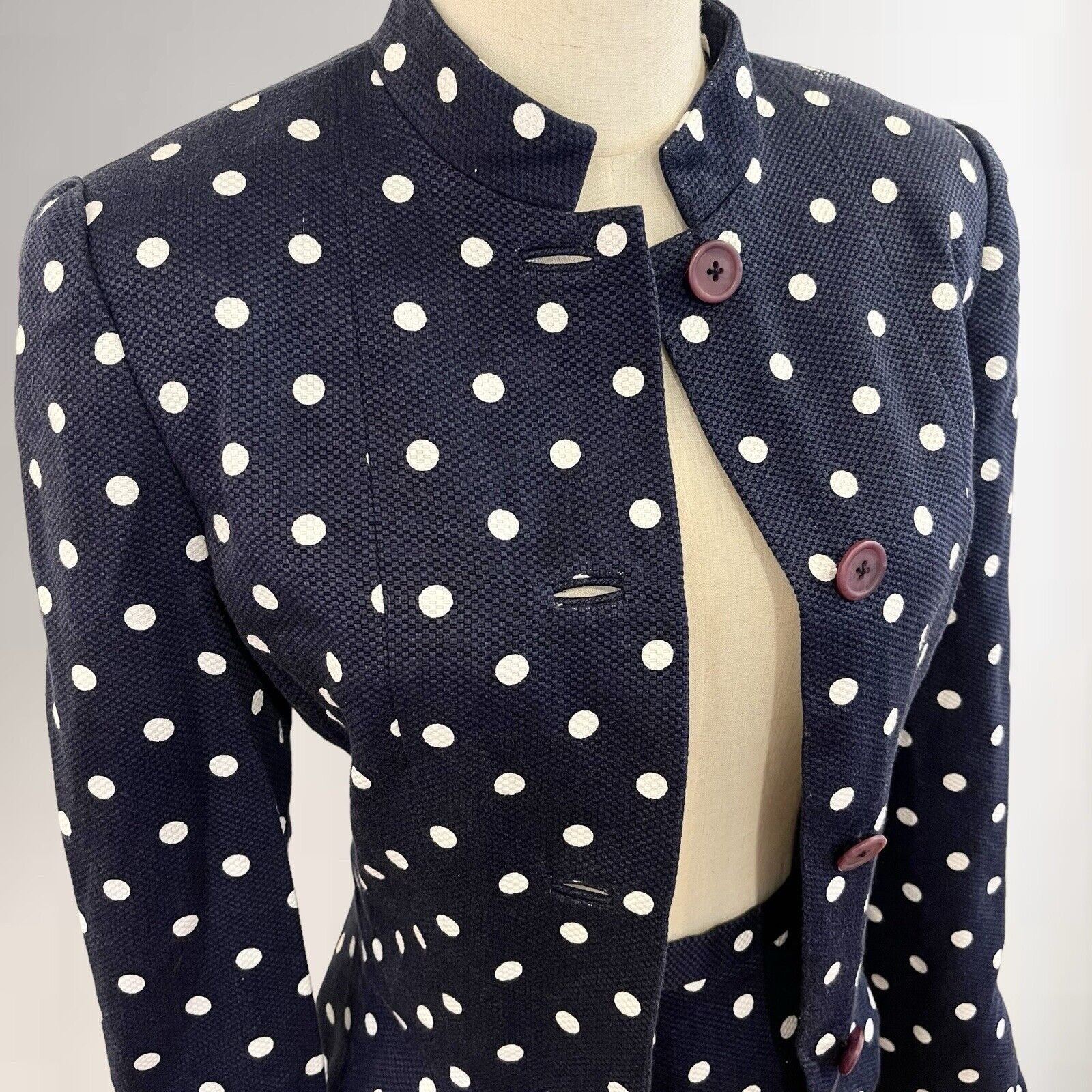 Vintage Carolina Herrera Navy Polka Dot Skirt Suit Blazer Jacket Set Size Small