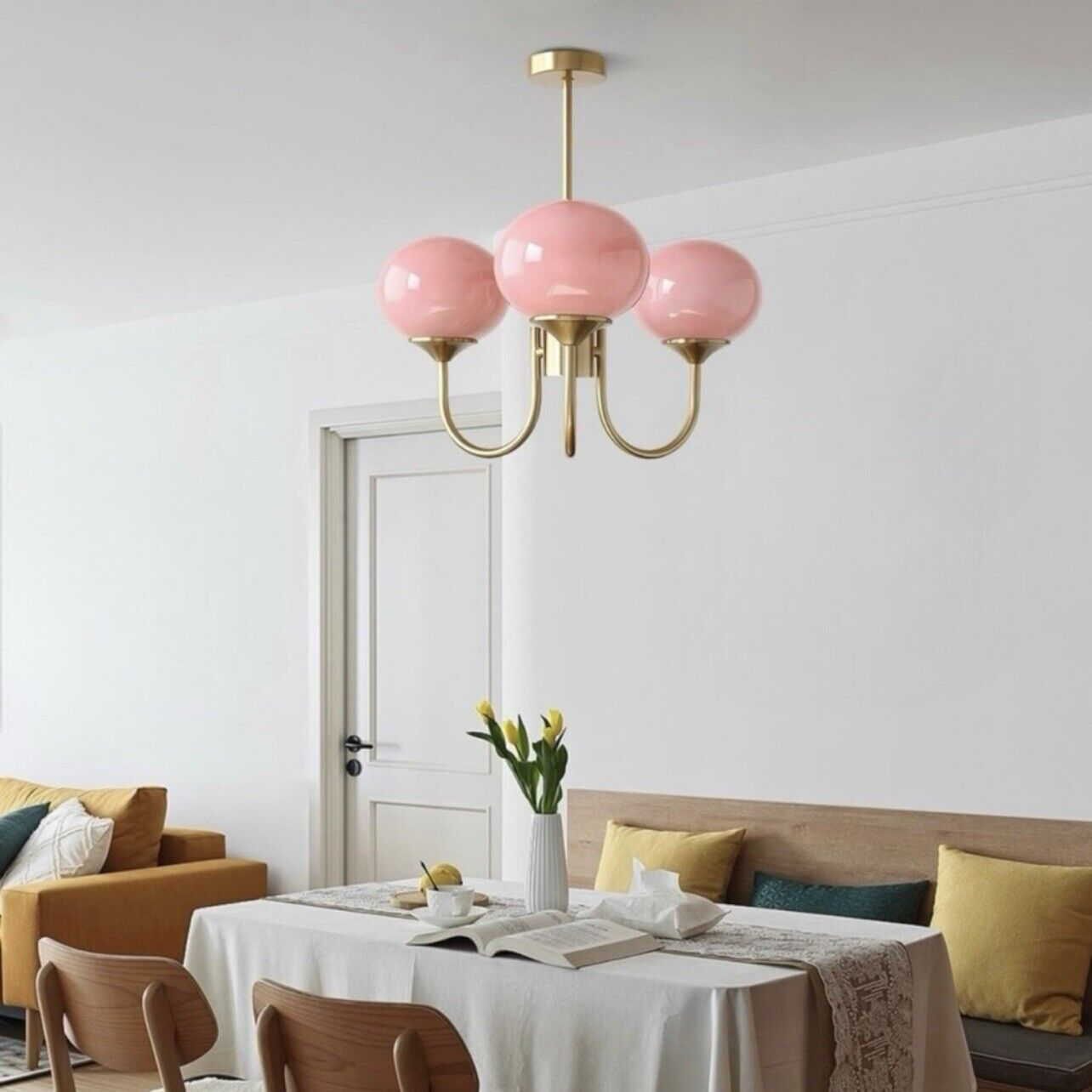 NEW Anthropologie Mid Century Modern Pink & Gold Pendant Light Ceiling Fixture