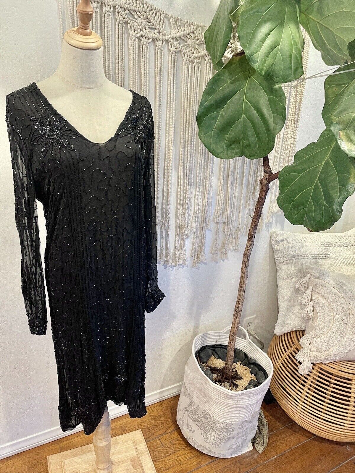 Vintage Saks Fifth Avenue Black Floral Beaded Sheer Tunic Sheath Dress - Large