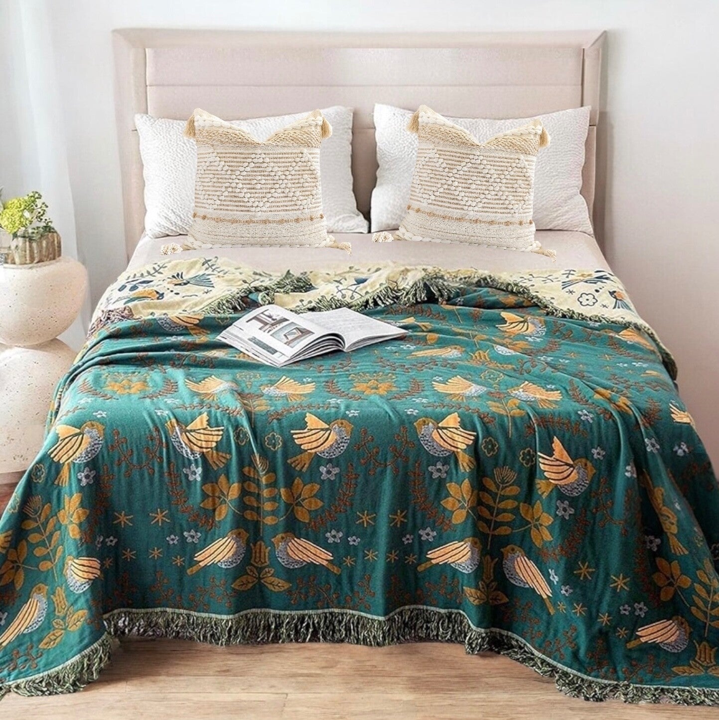 NEW XL Teal Reversible Boho Bird Tassel Throw Blanket Bedspread Quilt 80 x 60