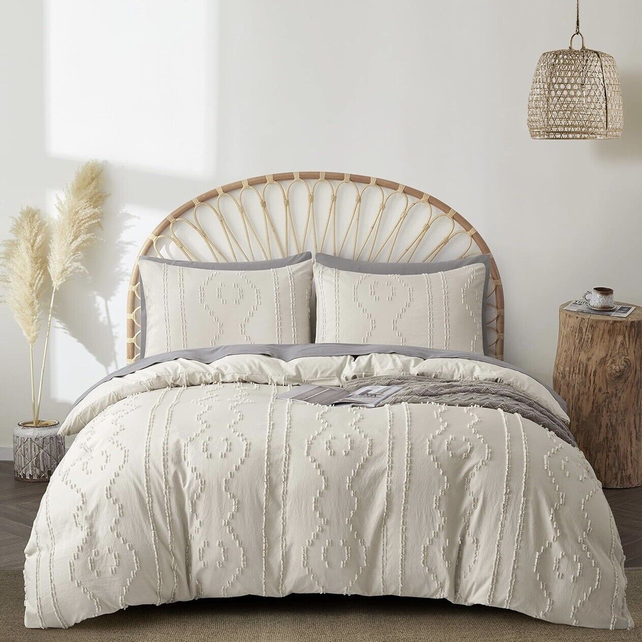 NEW Anthropologie Beige Boho King Size Tufted Fringe Bedding Duvet & Sham Set