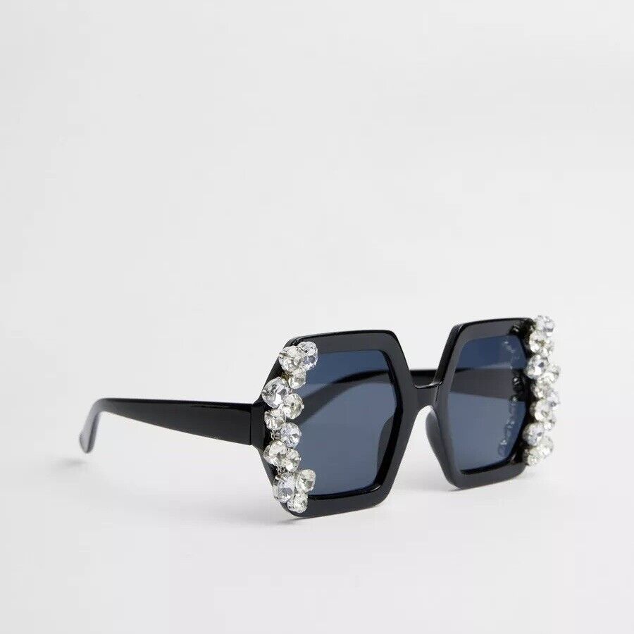 NEW Free People Black Oversized Bedazzled Rhinestone Tinted Square Sunglasses 